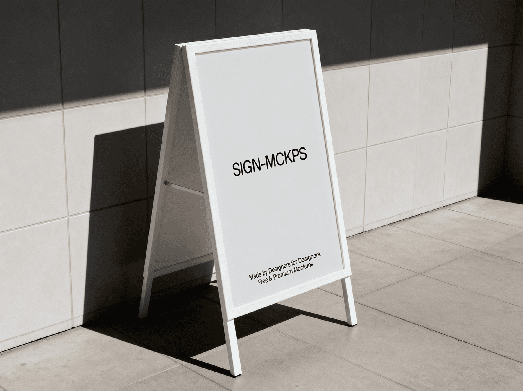 A-frame street sign mockup positioned on an outdoor tiled surface