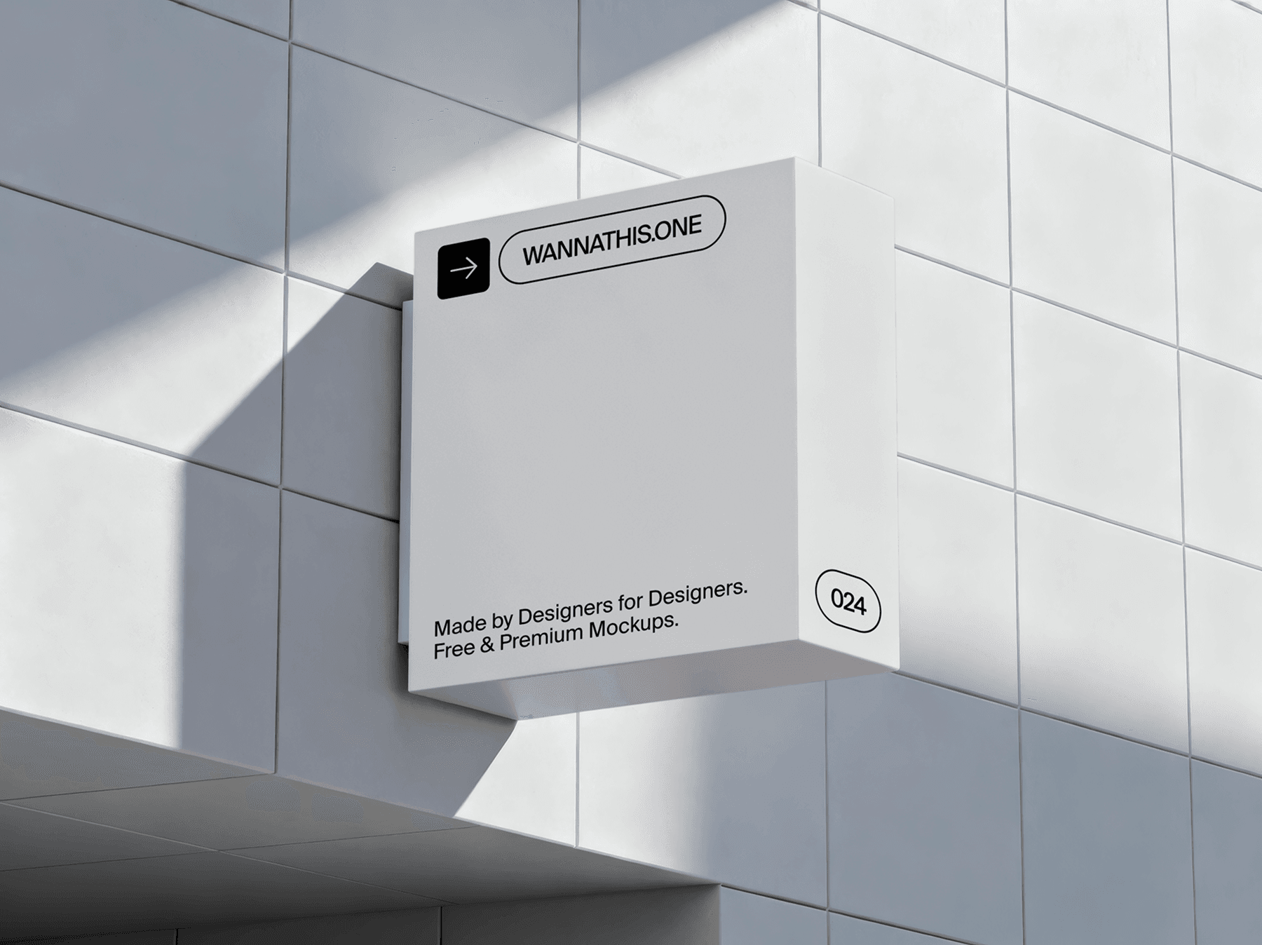 Box-shaped wall-mounted sign mockup installed on a modern building exterior