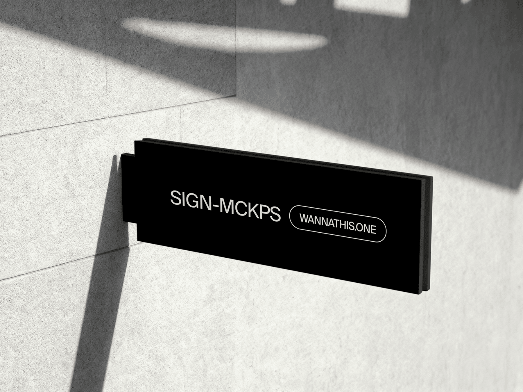 Slim horizontal wall sign mockup casting a shadow on a textured wall