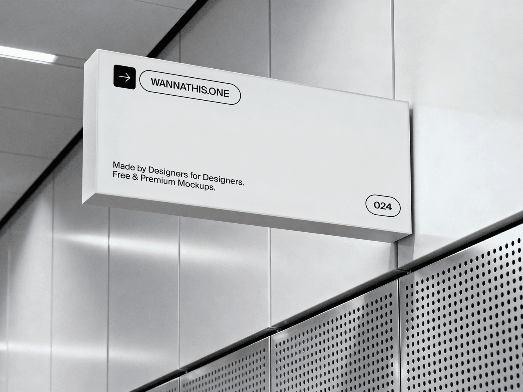 Outdoor wall-mounted sign mockup installed under a building overhang