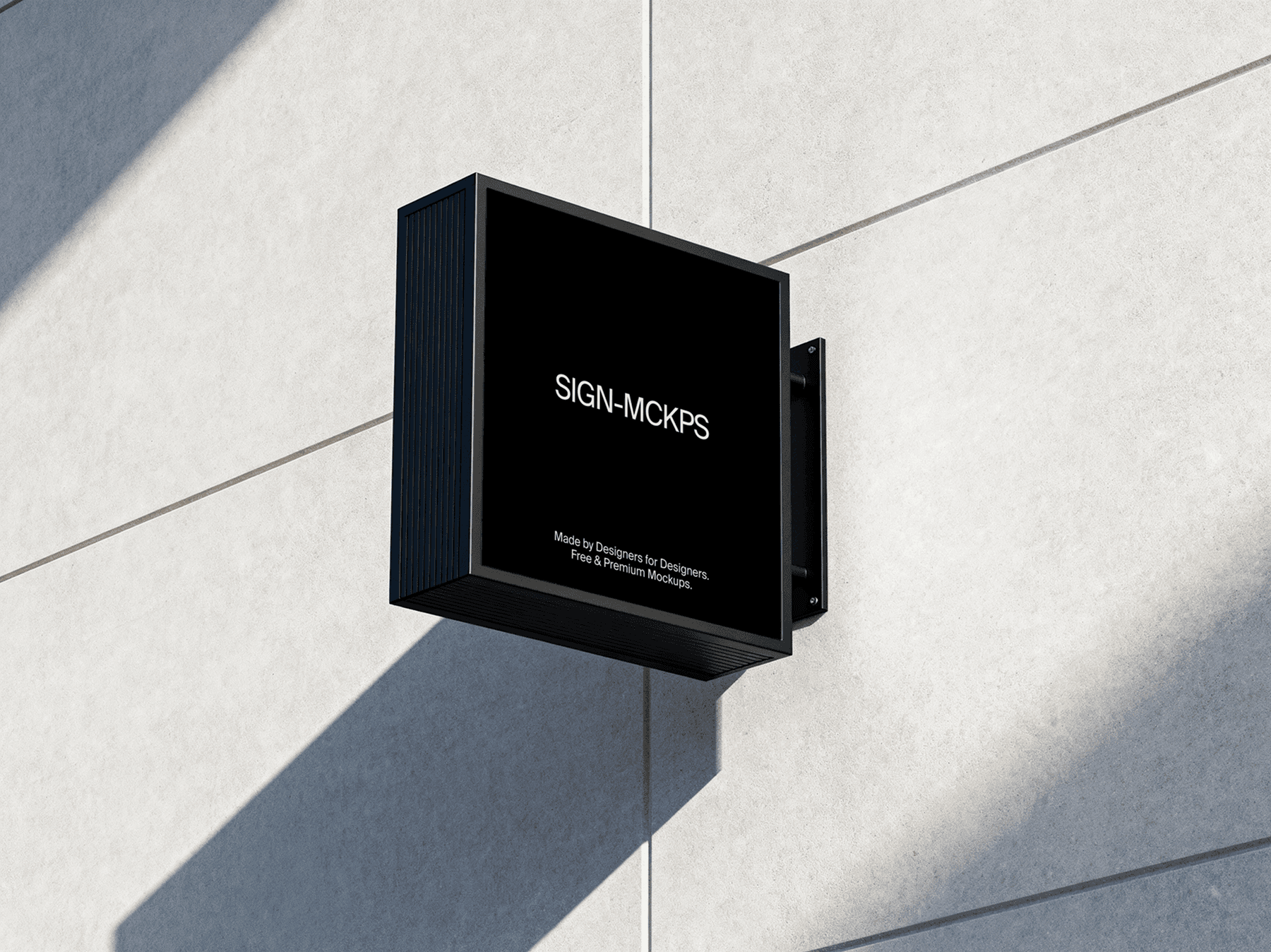 Square wall-mounted sign mockup attached to an exterior building wall