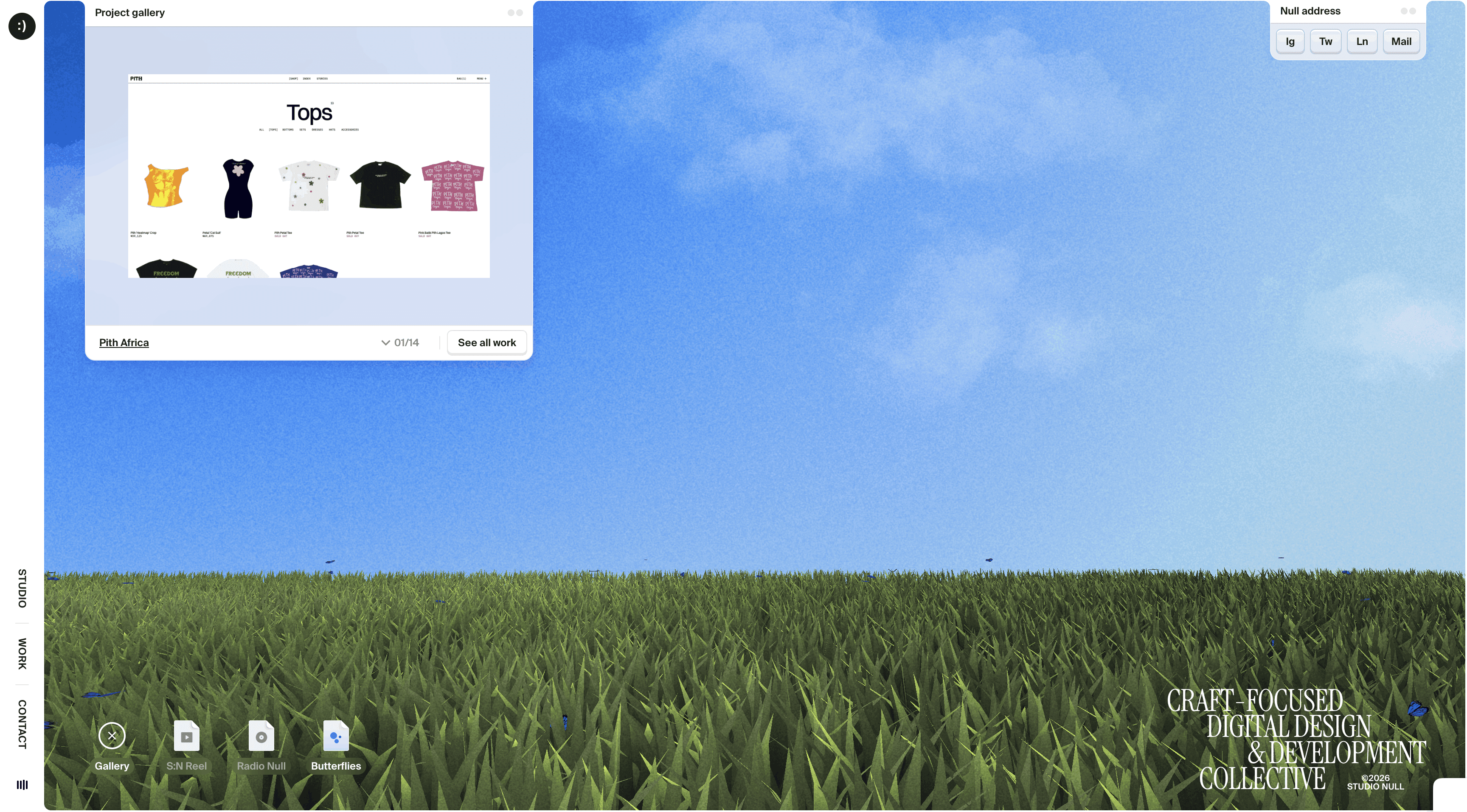 Immersive 3D grass landscape website with floating UI elements for digital design collective