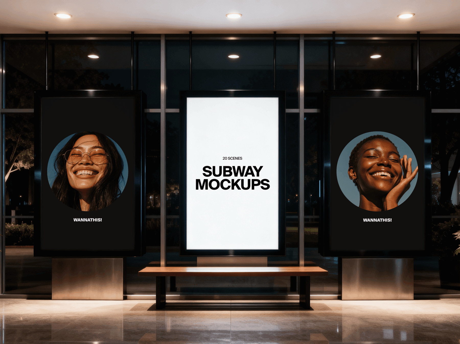 Set of three billboard mockups at the entrance of a subway station
