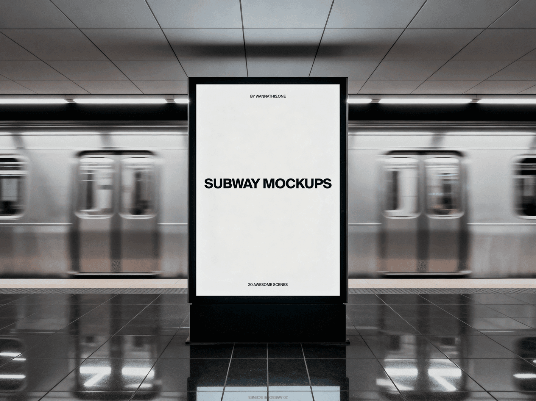 Billboard mockup placed on a subway platform with a moving train in the background