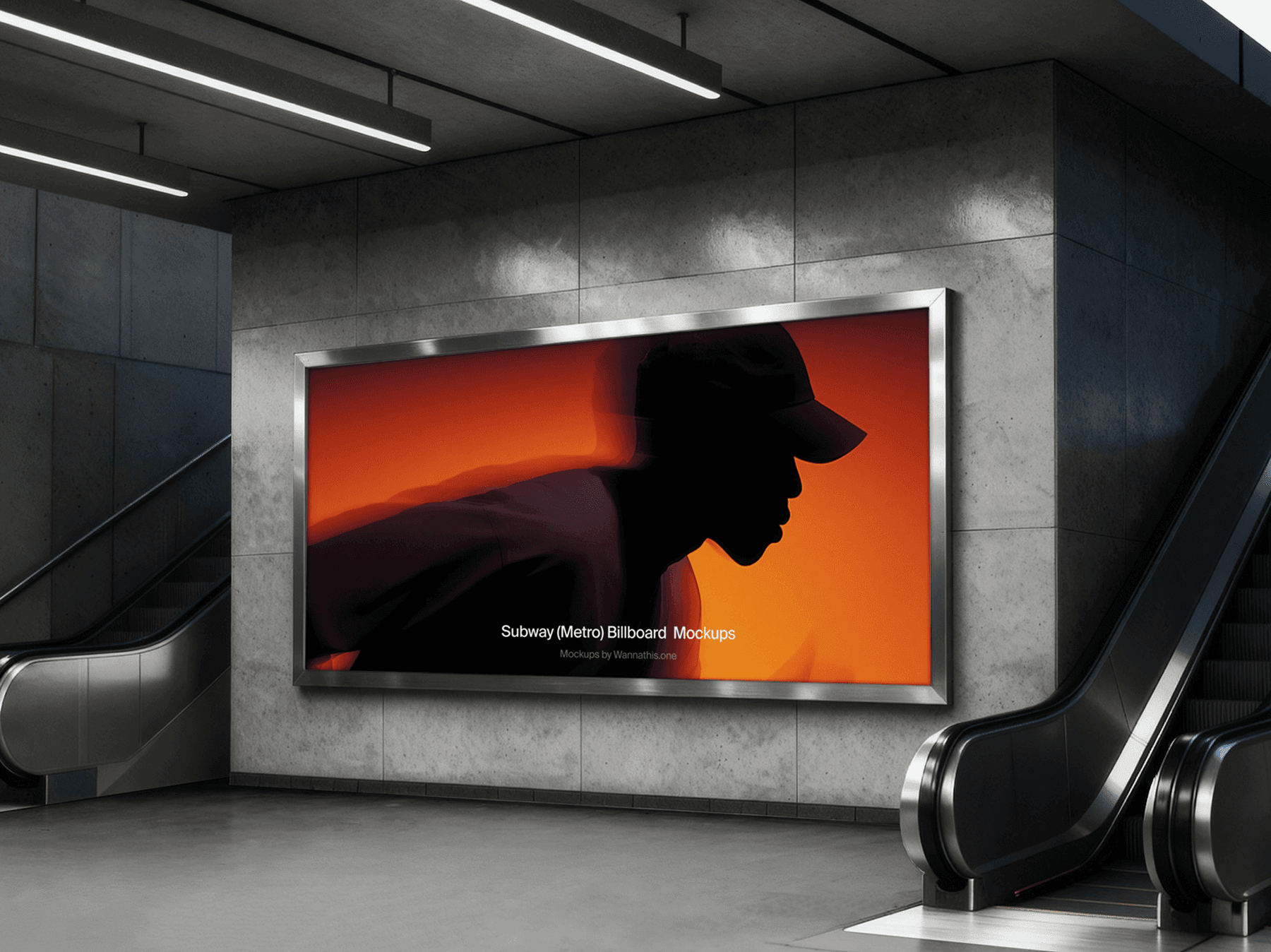 Wide billboard mockup mounted beside an escalator in a metro station
