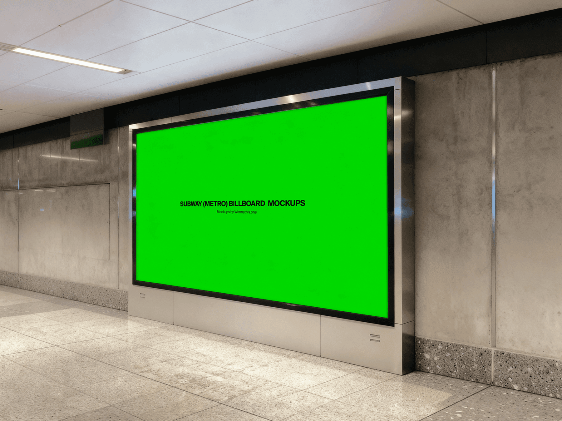 Large billboard mockup framed on the wall of a subway corridor