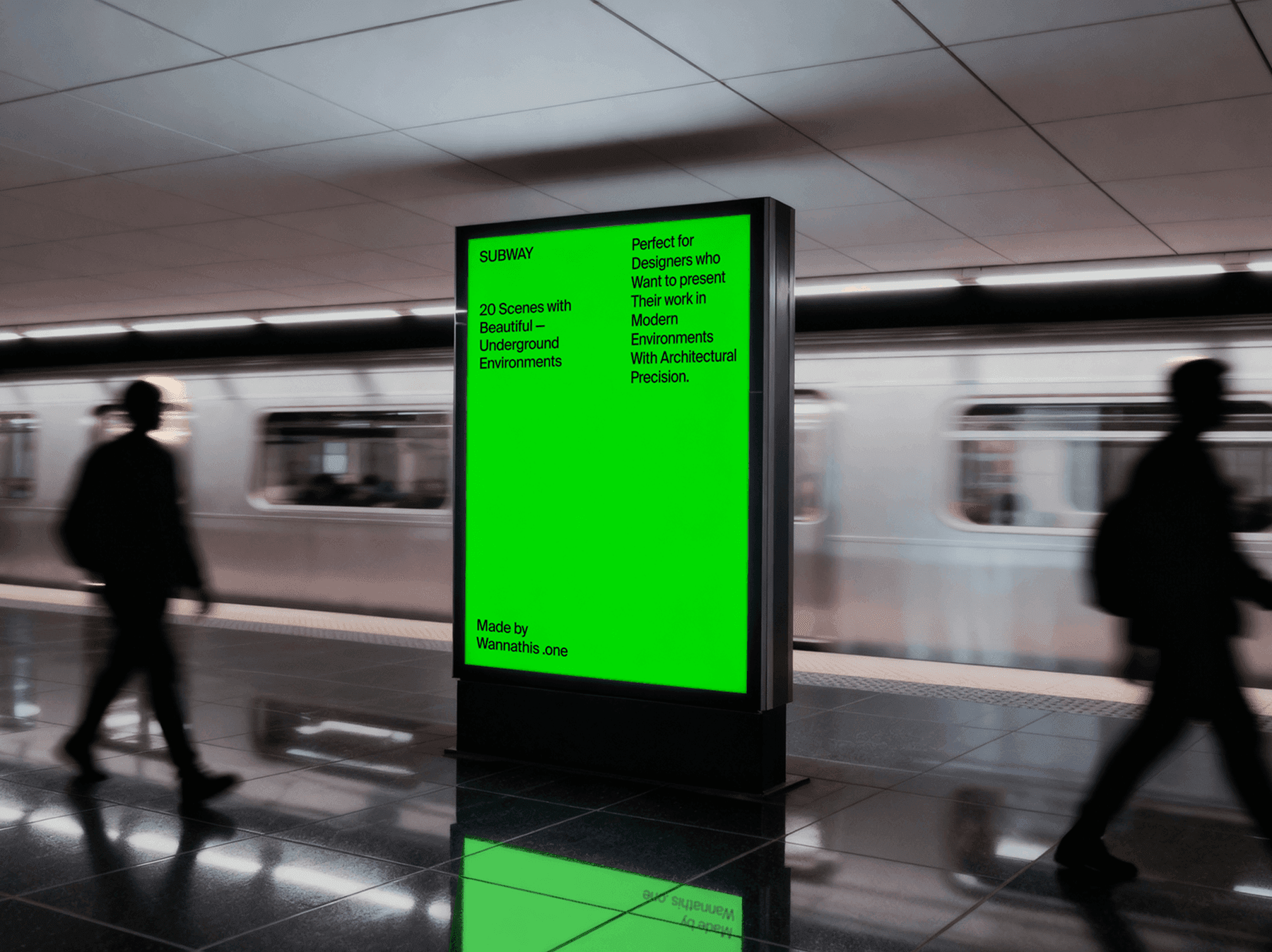 Vertical billboard mockup near escalator in underground station with people passing by