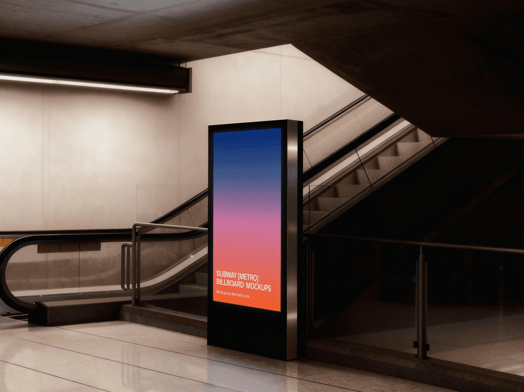 Vertical billboard mockup positioned near stairs in a subway station