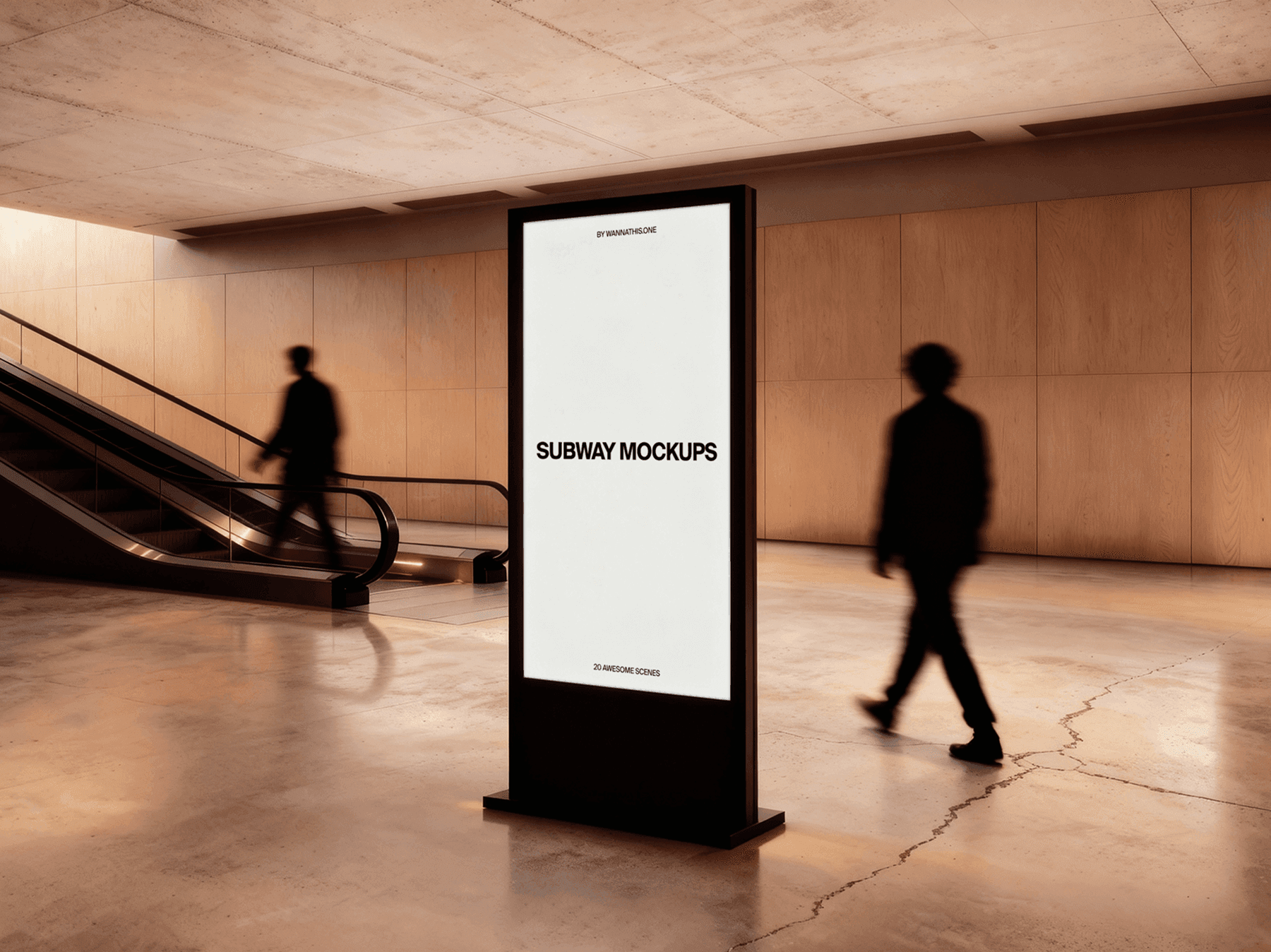 Vertical billboard mockup placed near an escalator in a subway hall