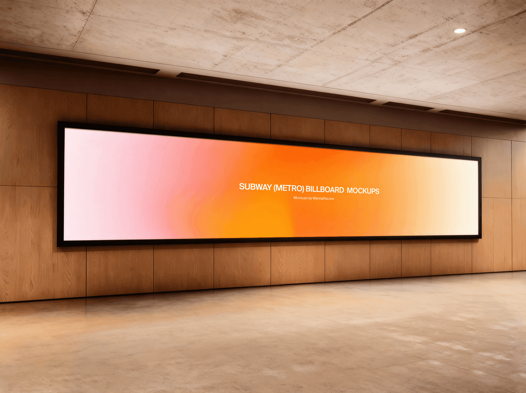 Wide horizontal billboard mockup mounted on a wooden subway wall