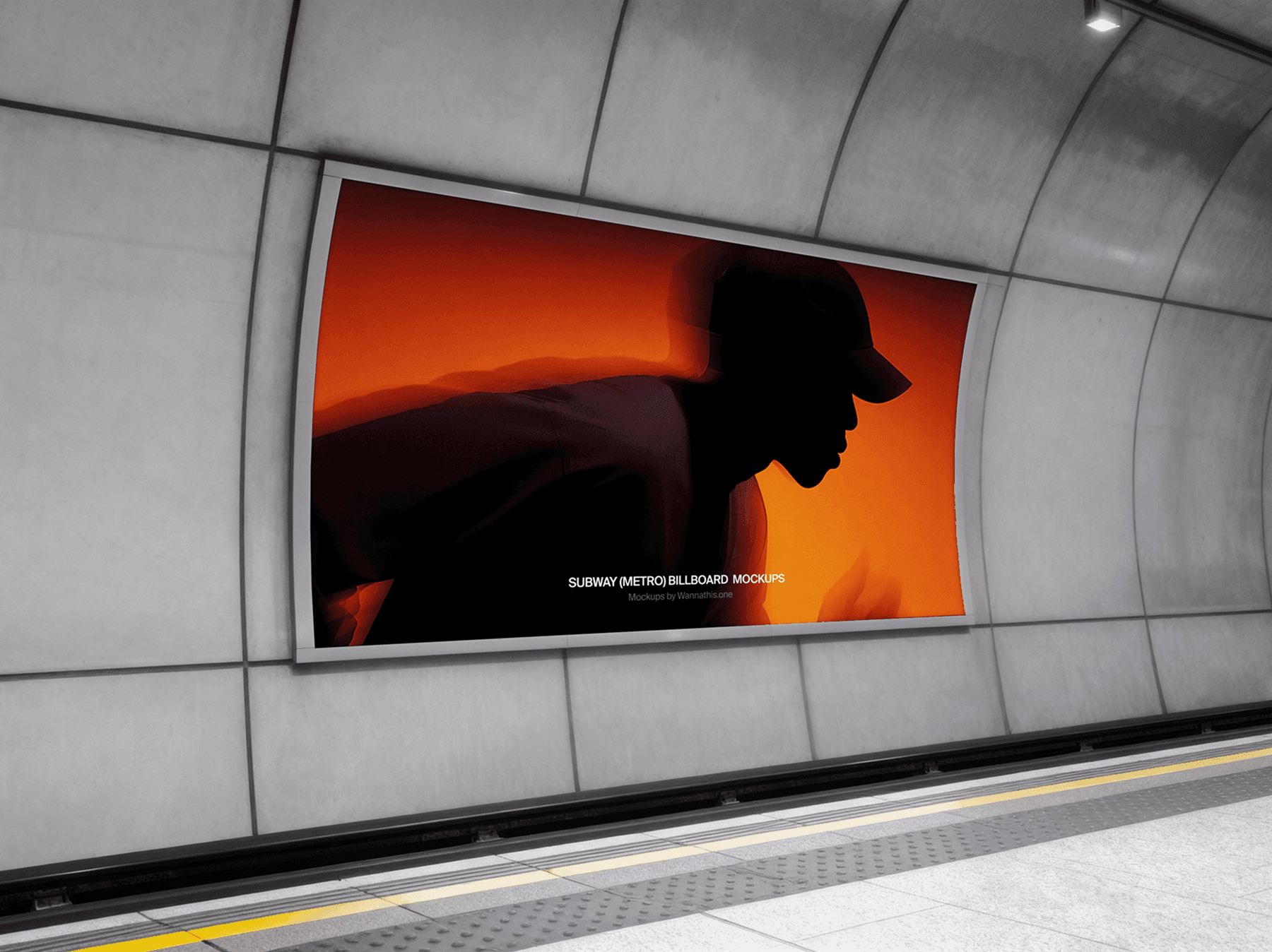 Large billboard mockup displayed on a curved subway tunnel wall