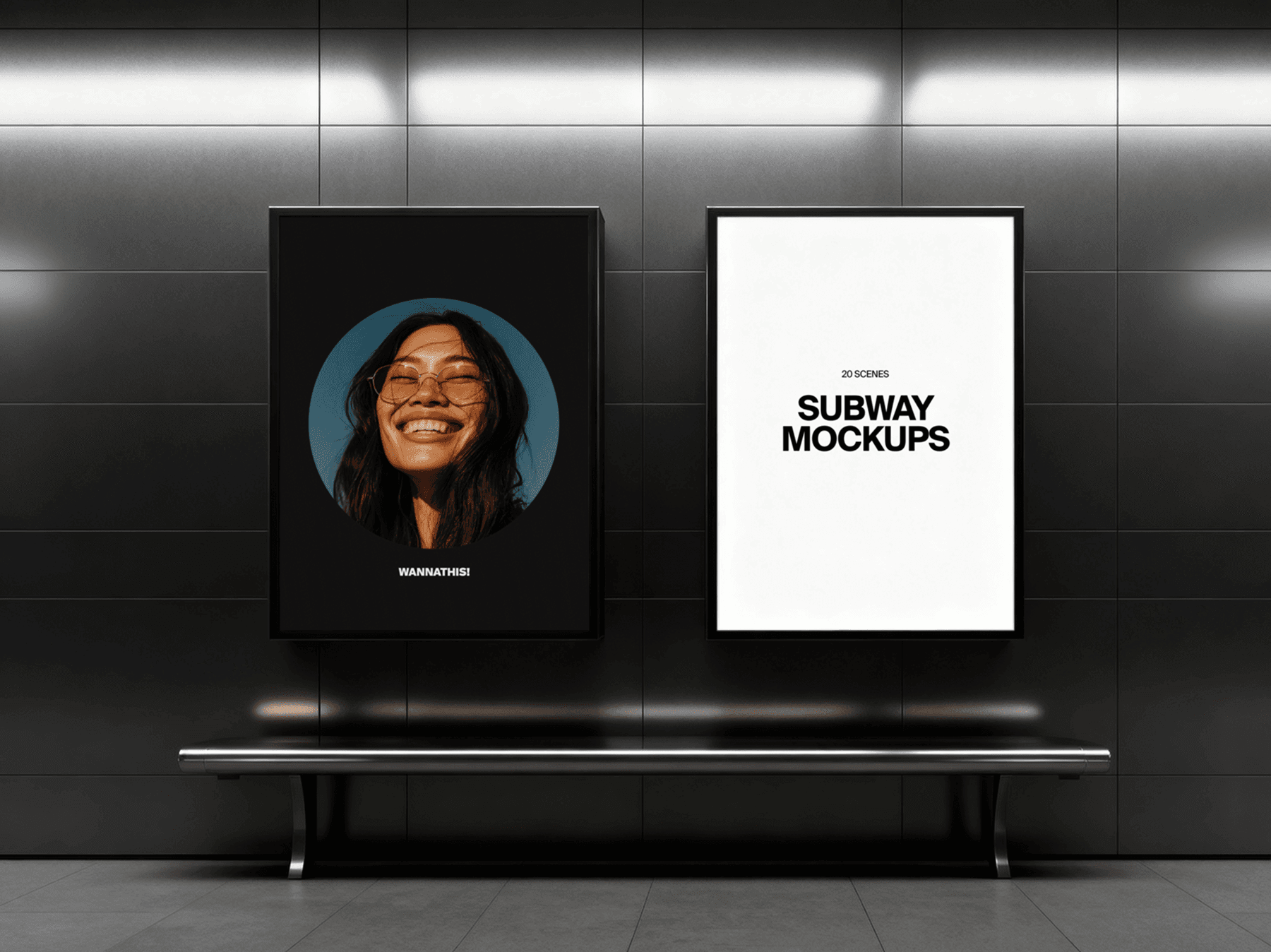 Set of billboard mockups displayed on a subway platform wall