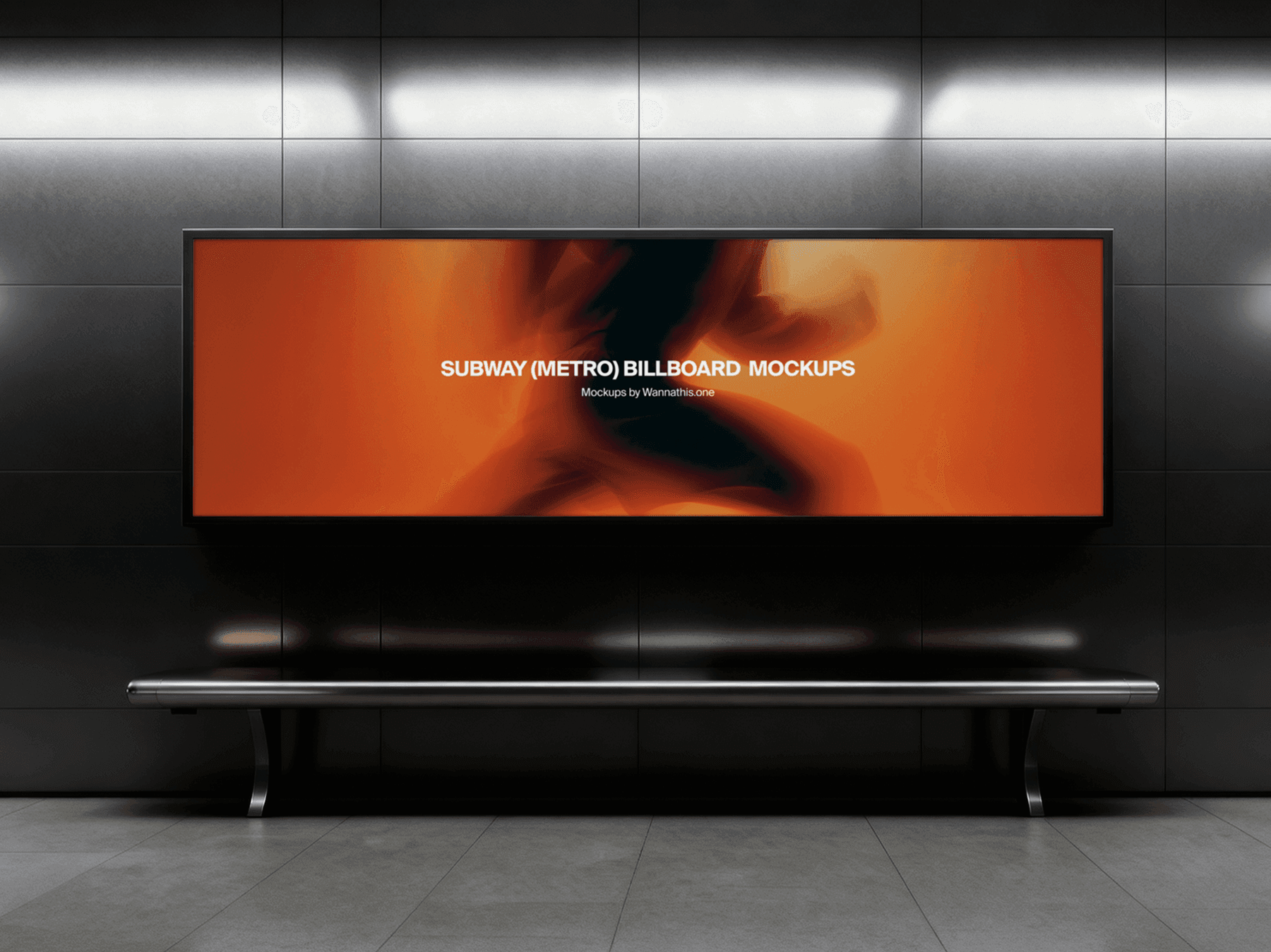 Wide horizontal billboard mockup displayed on a subway platform wall