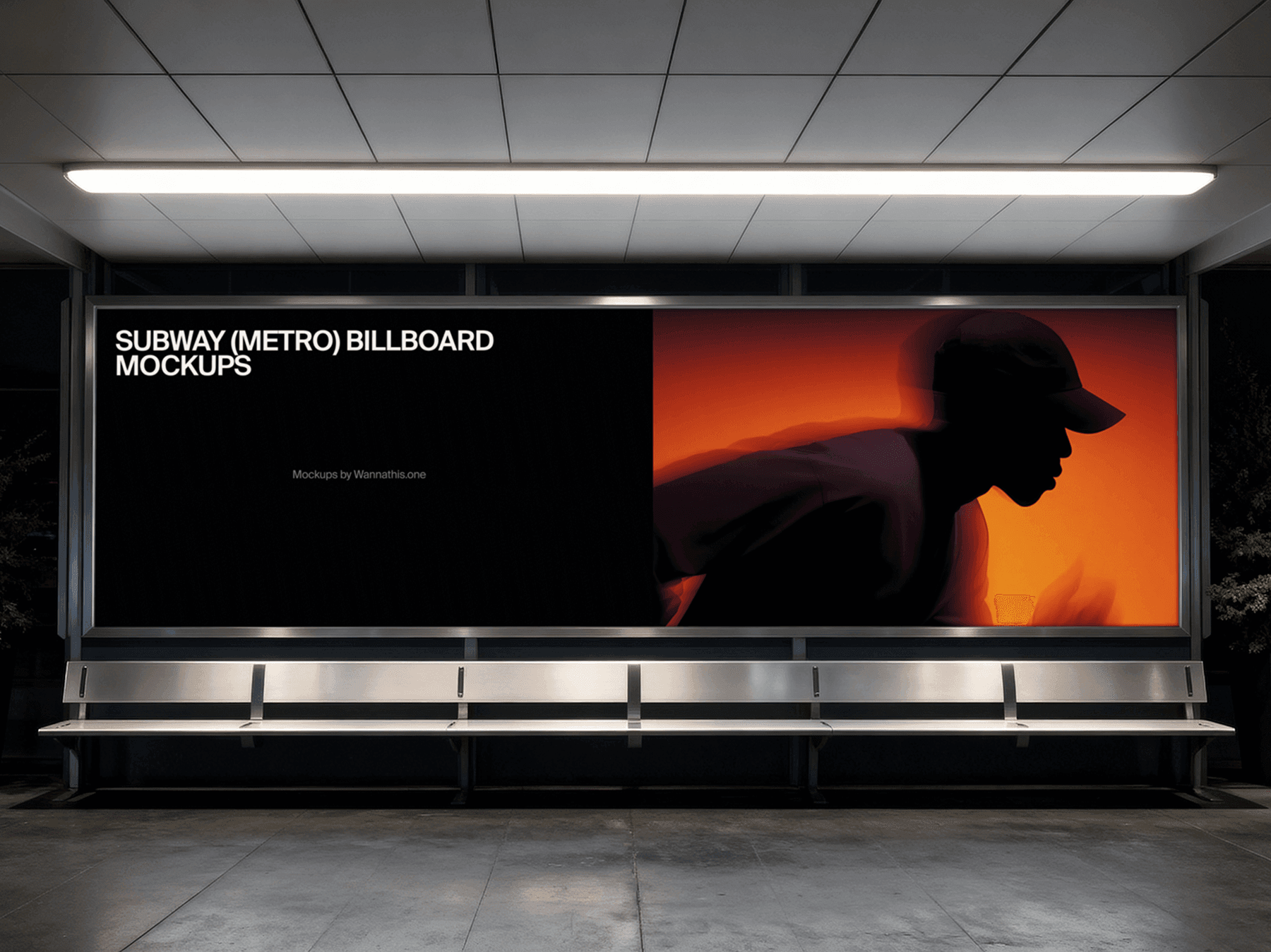 Billboard mockup placed behind a bench on a subway platform