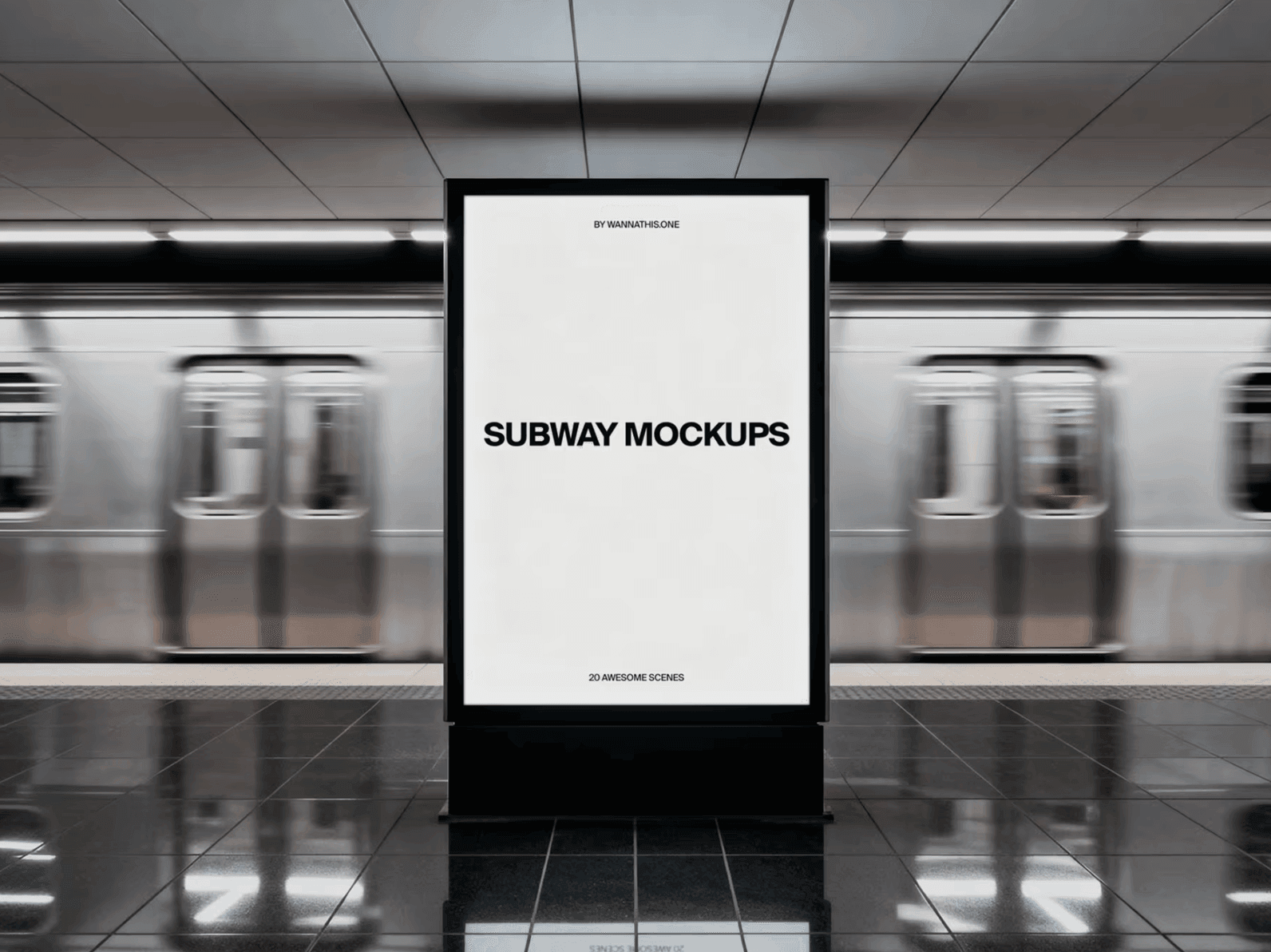 Subway advertising poster mockup in modern metro station with motion blur