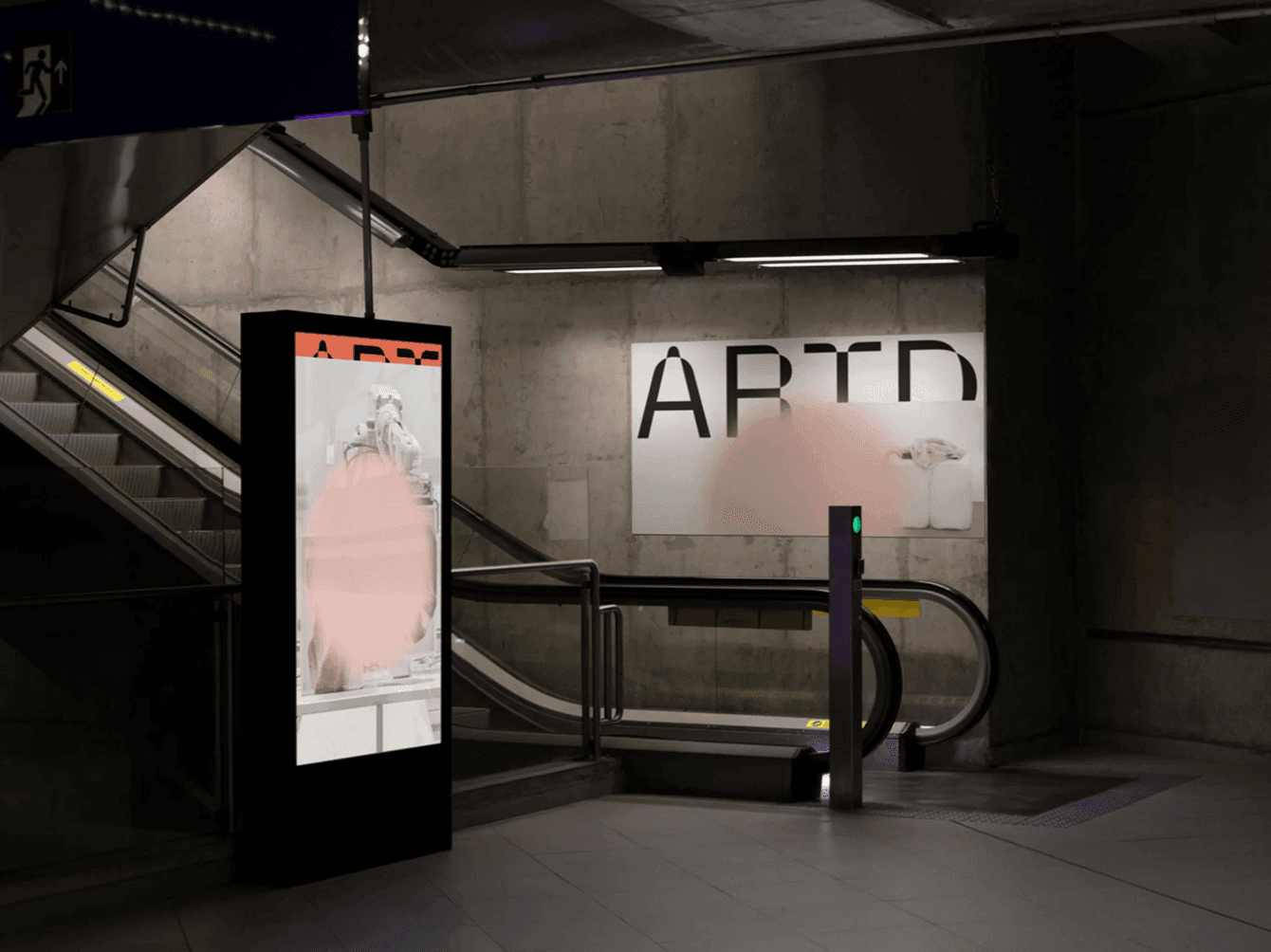 Digital billboard mockup in subway station near escalator