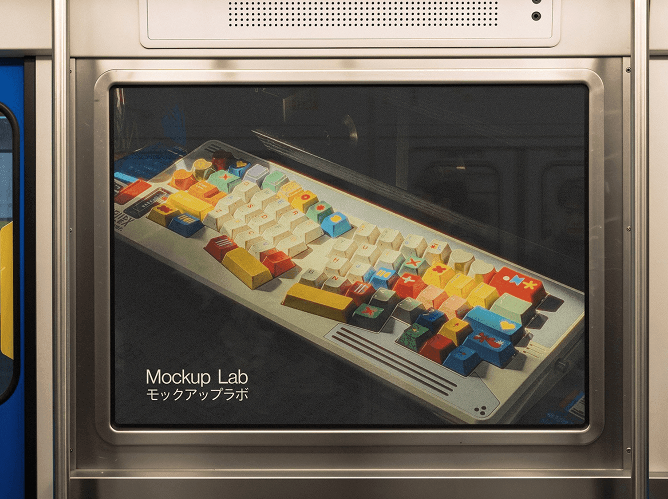 Digital screen mockup inside subway train with creative design