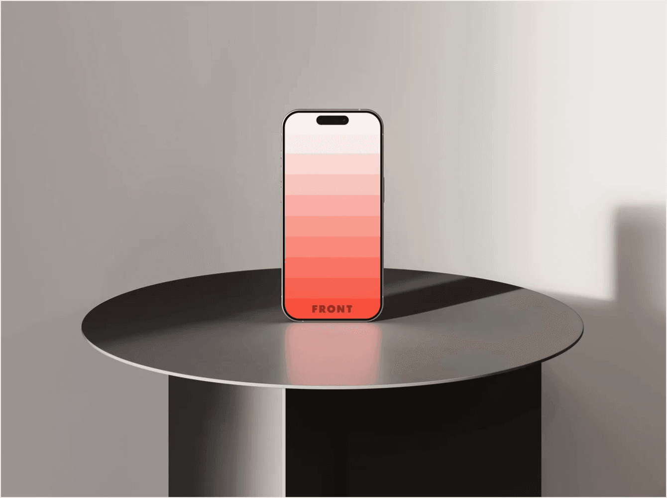 iPhone 15 Pro mockup with red gradient screen standing on round black table in minimal interior