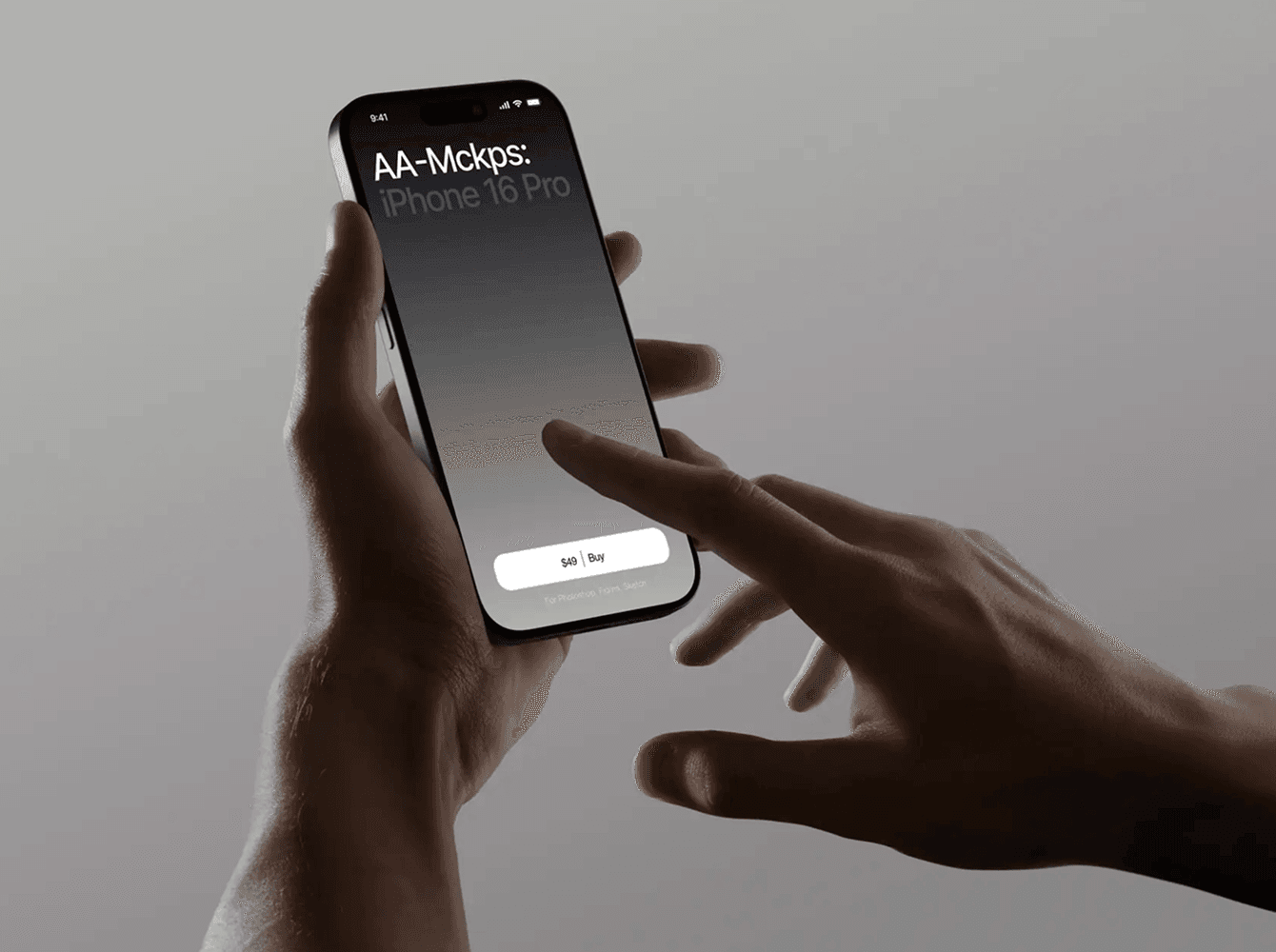 iPhone 16 Pro mockup in hands with gray interface and buy button