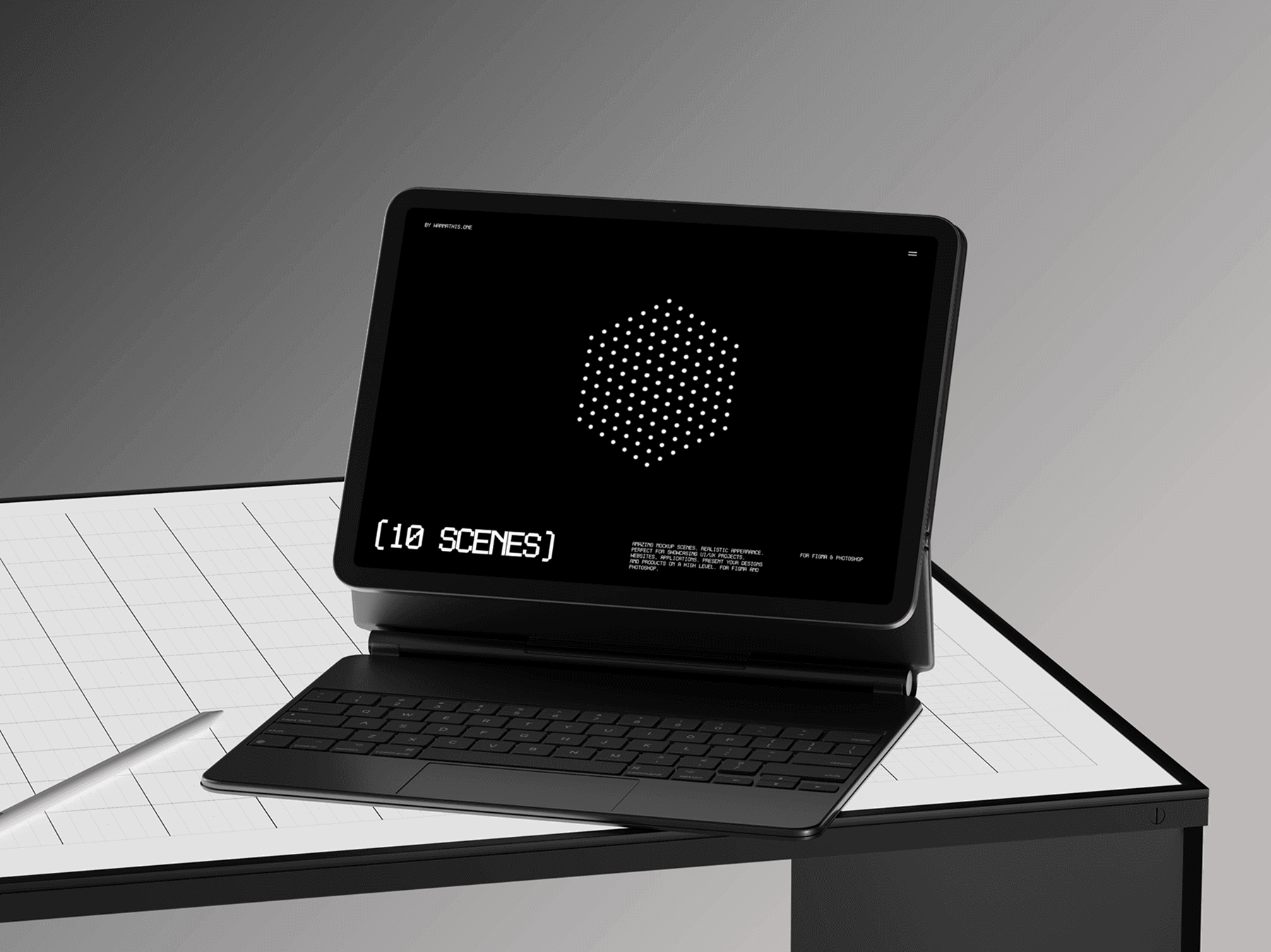 Tablet mockup placed on a technical work surface with clean grid layout