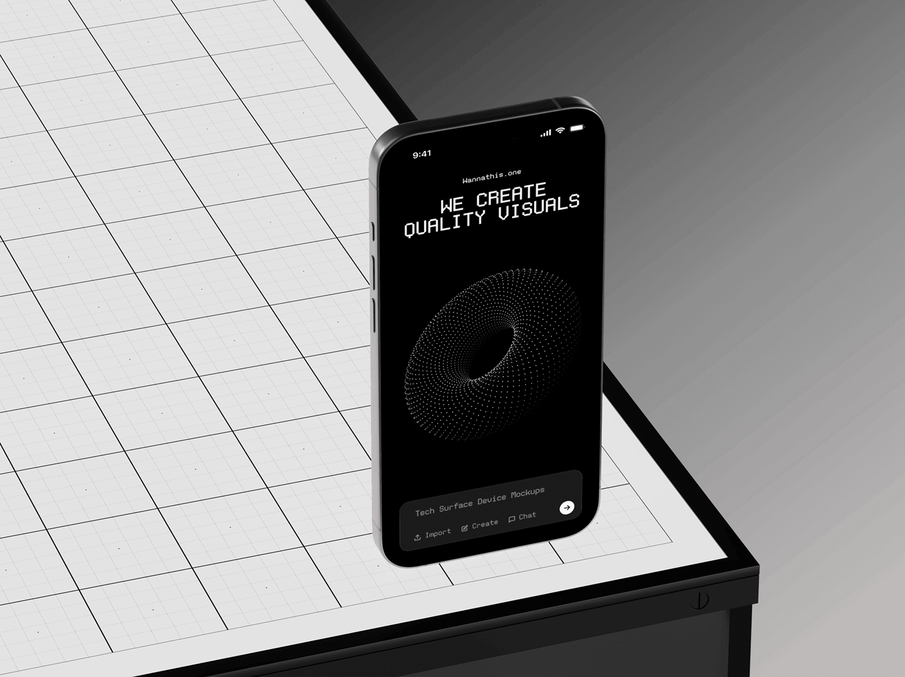 Smartphone mockup standing on a grid table in a modern studio scene
