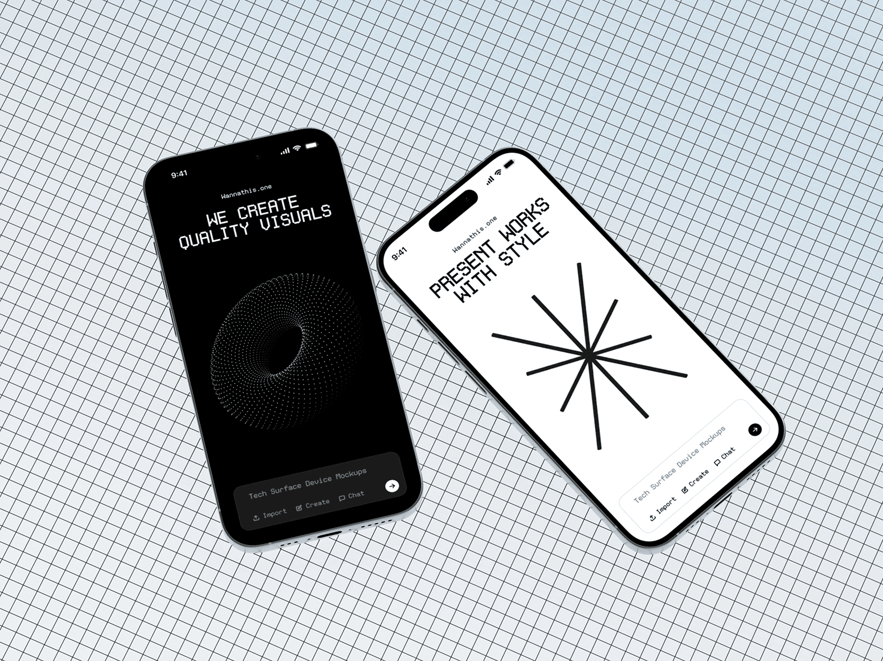 Two smartphone mockups placed on a technical grid surface