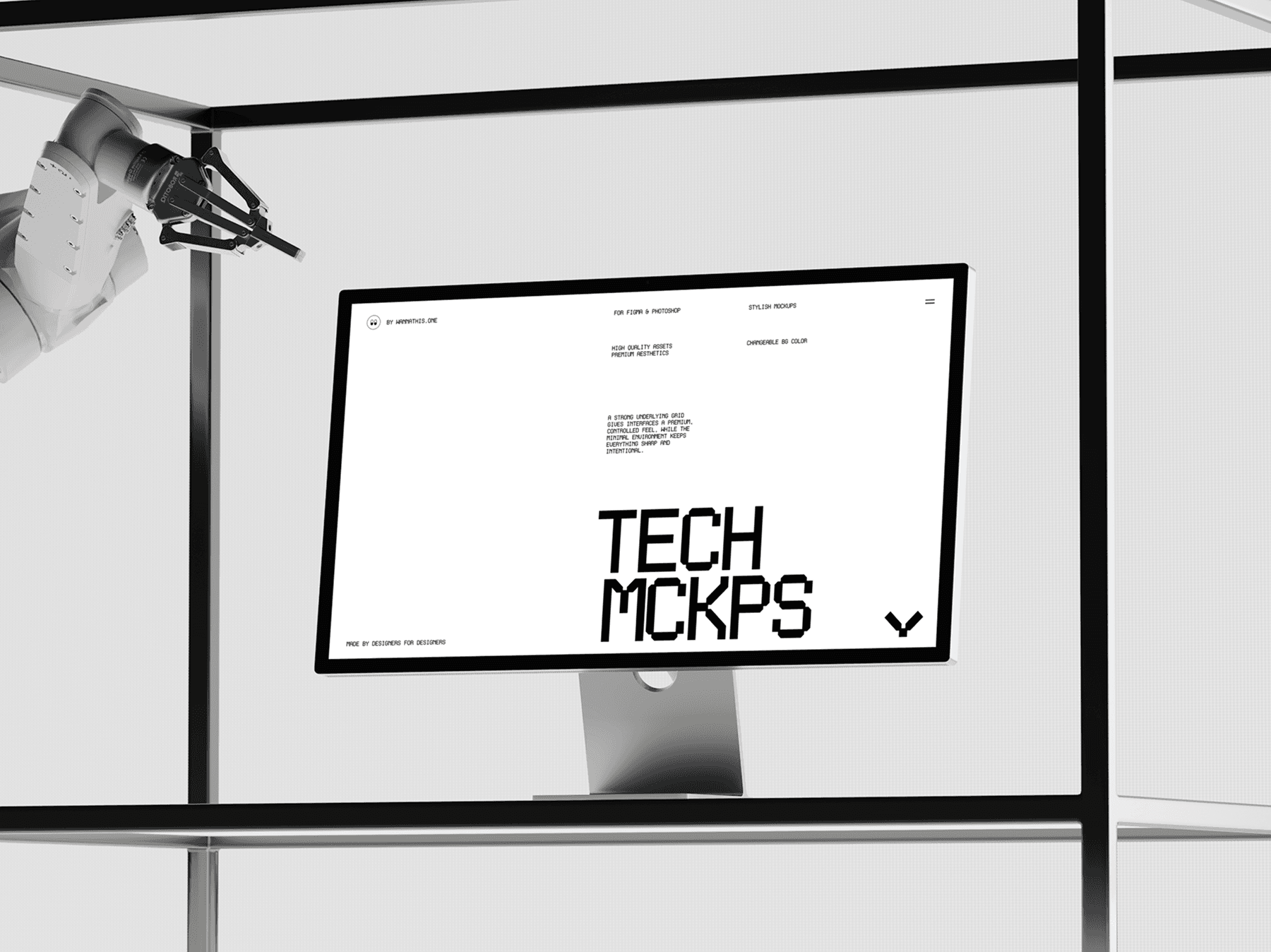 Desktop monitor mockup mounted inside a minimal technical frame structure