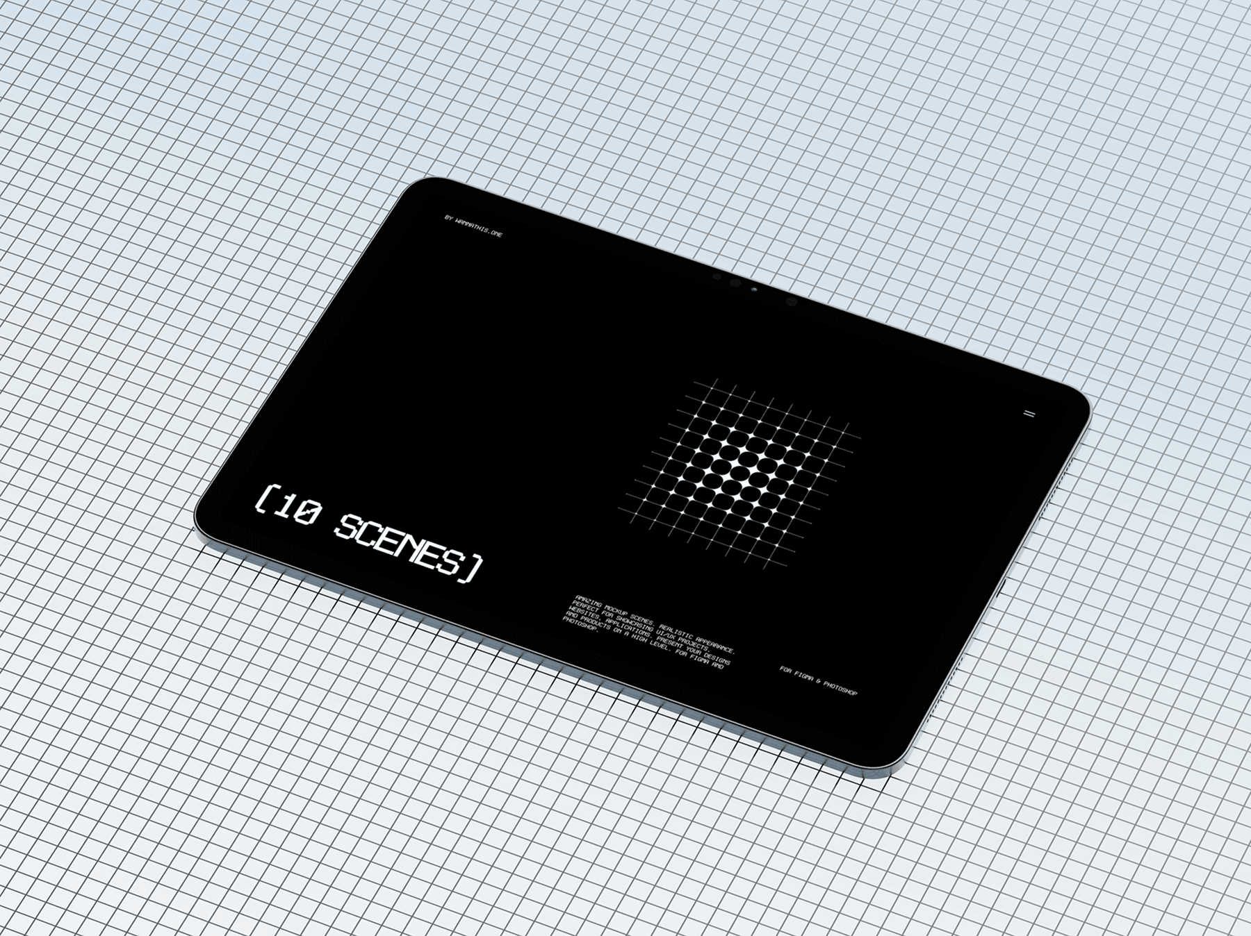 Tablet mockup placed flat on a clean grid surface