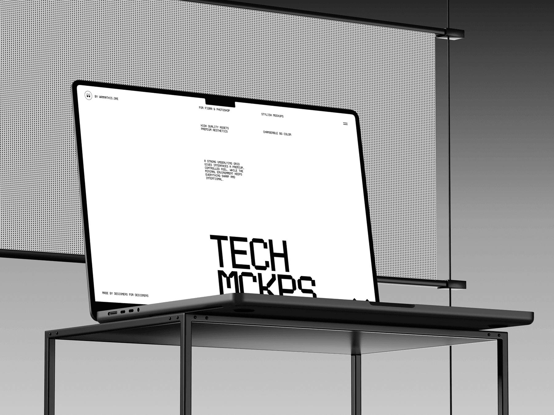 Laptop mockup positioned on a minimal industrial table structure