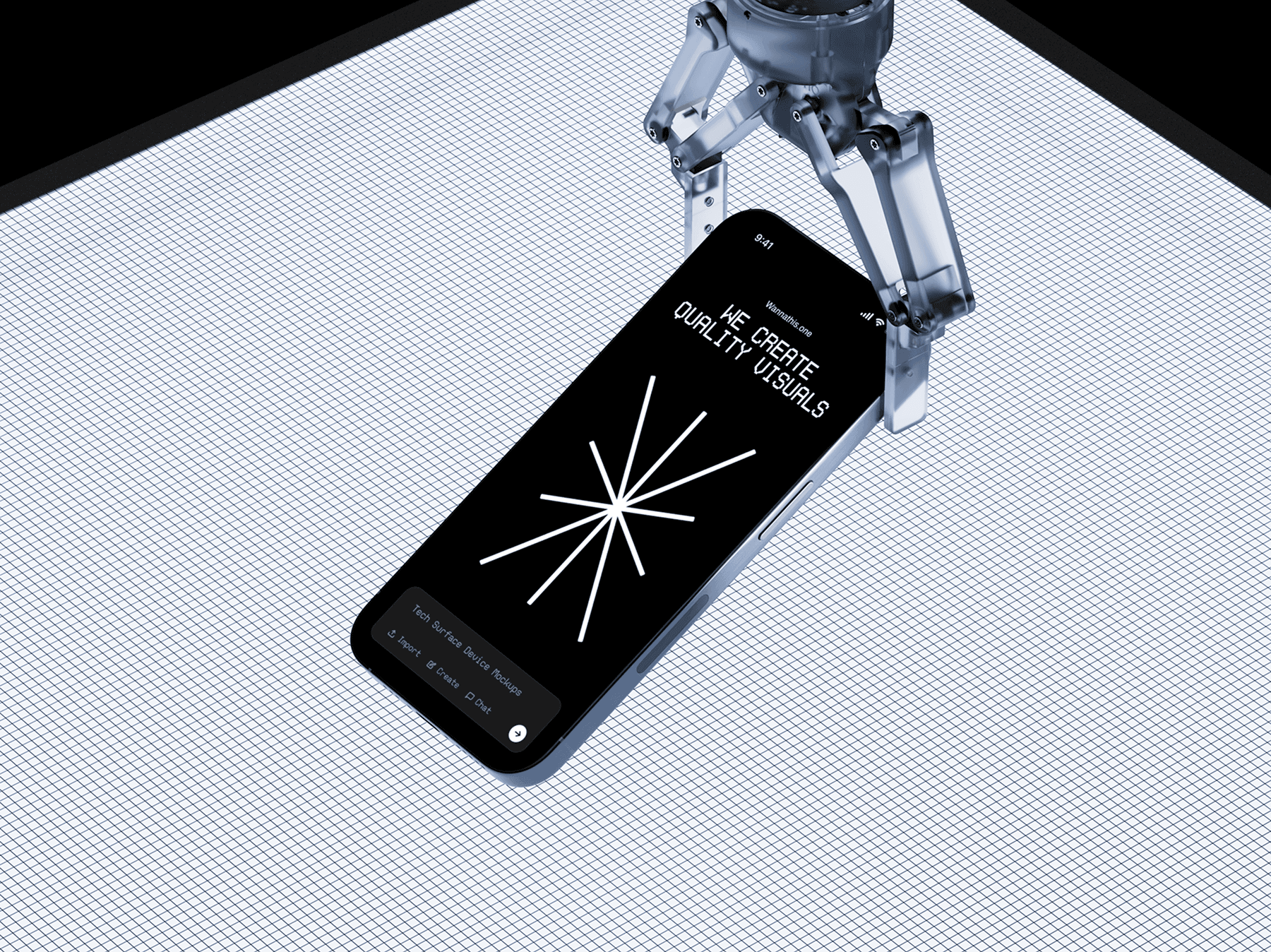 Smartphone mockup held by a robotic arm above a technical surface