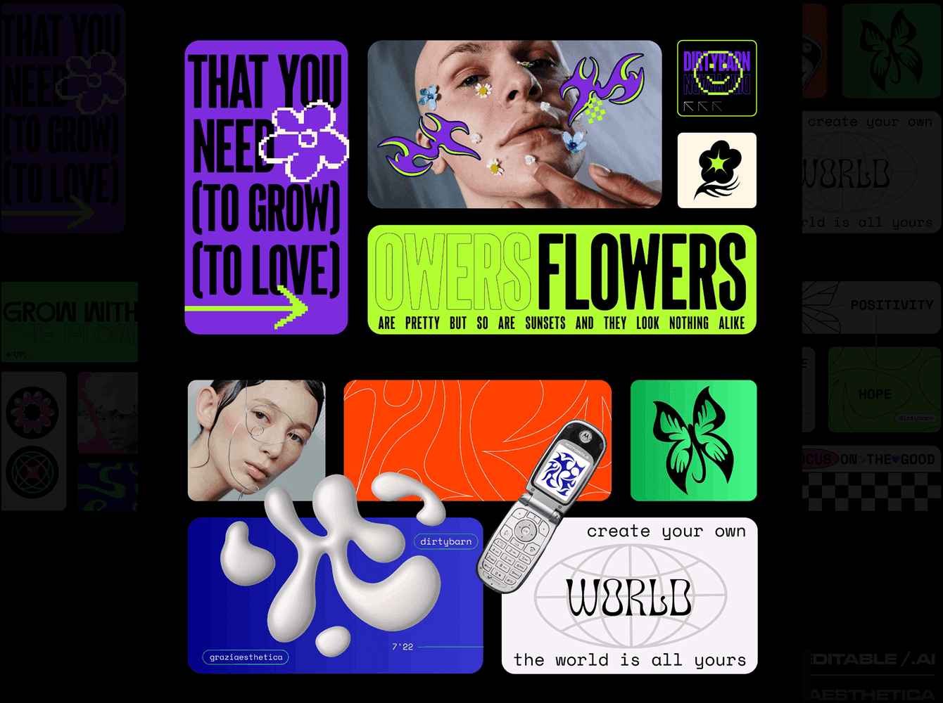 Y2k template collection built as a dark bento grid with purple and lime cards, portraits and stickers, an example of bento layout for digital products