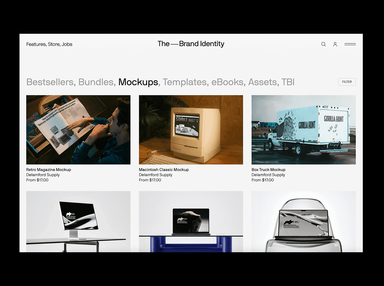 Design marketplace offering mockups for print, packaging and digital screens in polished, commercial photography style
