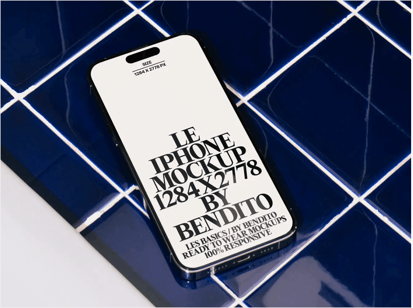 iPhone mockup with white screen and black typography placed on glossy blue ceramic tiles