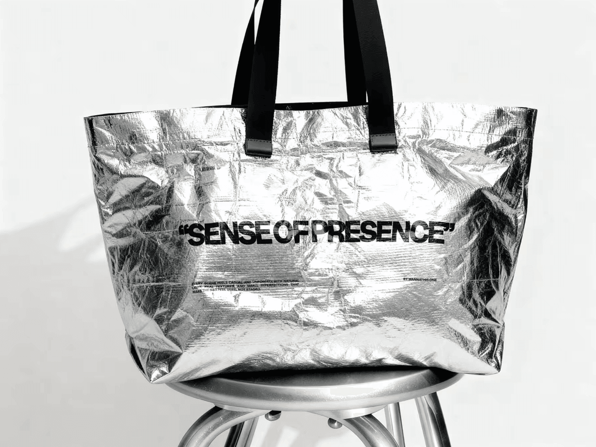 Metallic tote bag mockup on stool, bold branding and studio lighting setup