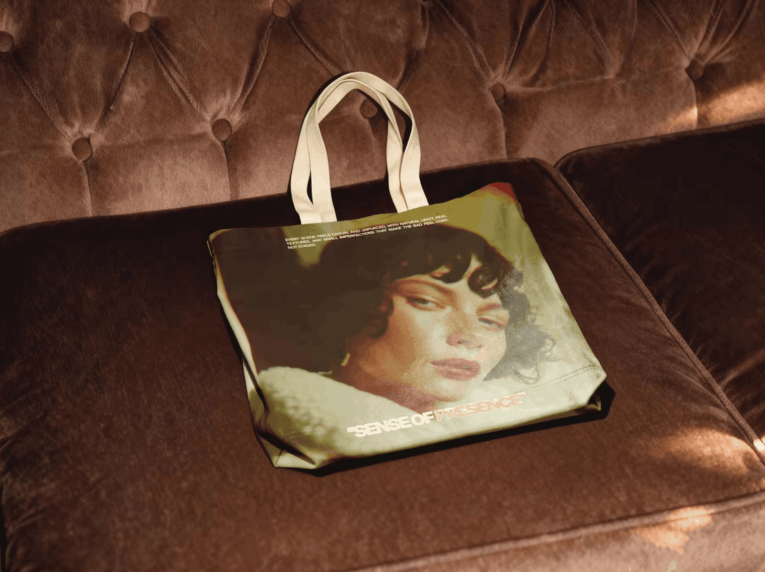 Realistic tote bag mockup on couch with printed artwork, lifestyle branding presentation