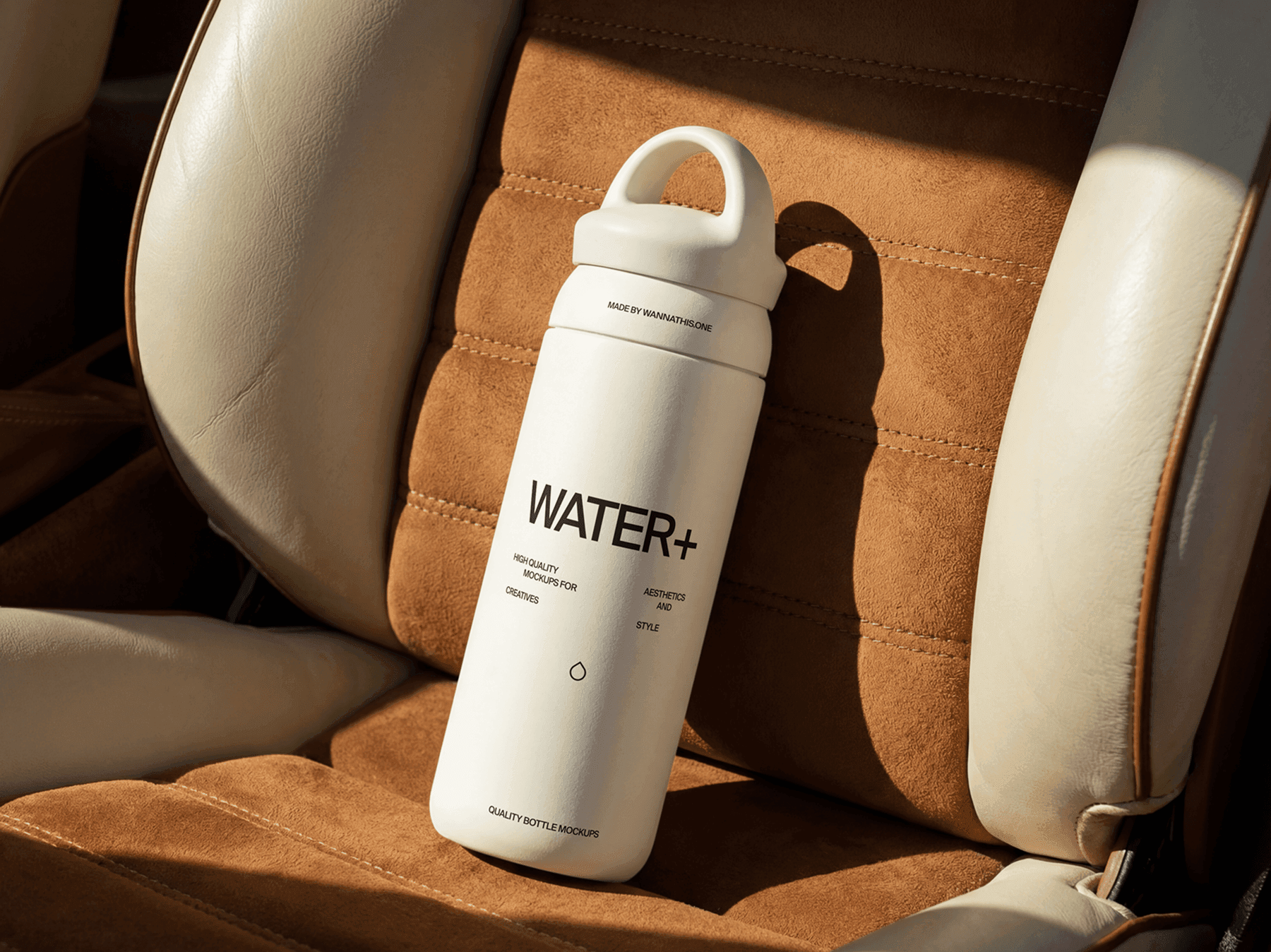 Travel bottle mockup standing upright on a refined car seat with warm natural daylight in transit scene