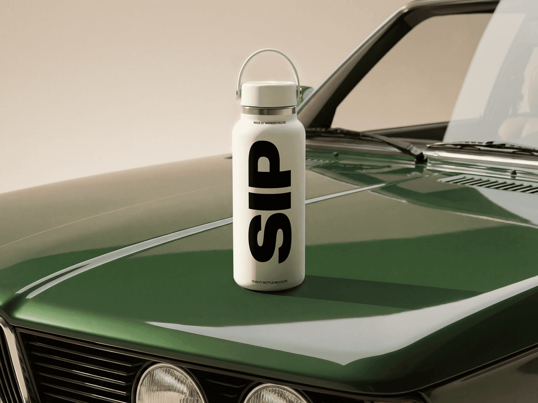 Travel bottle mockup standing on the hood of a refined classic car in a stylish vintage automotive scene