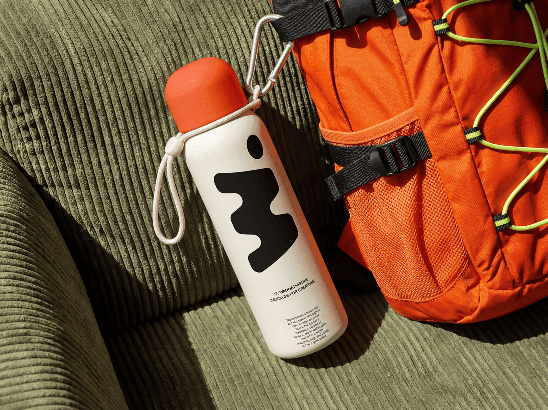 Travel bottle mockup placed next to a refined backpack in a natural outdoor camping setting scene