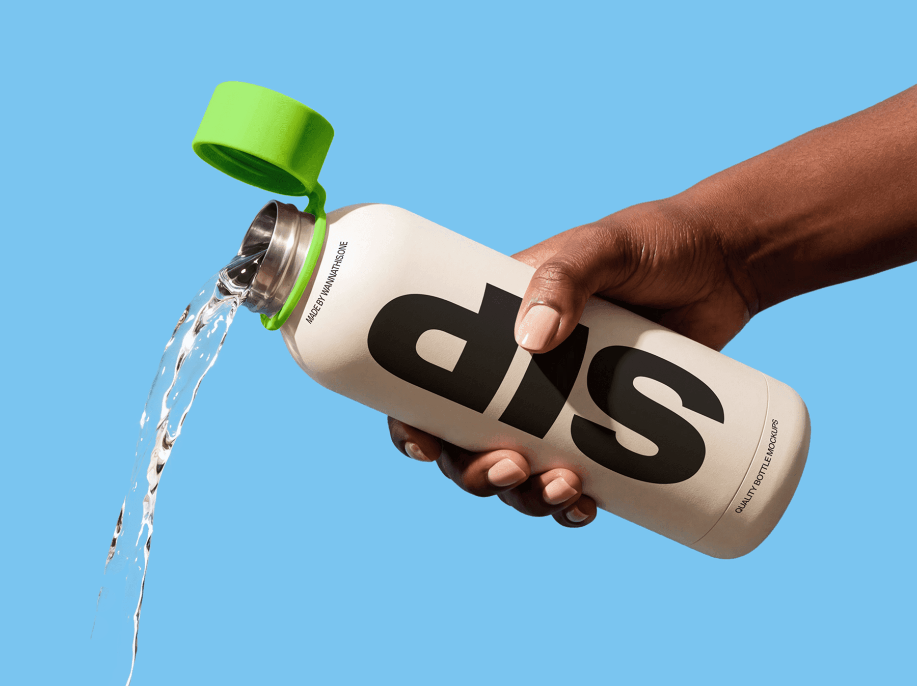 Travel bottle mockup pouring fresh water from an open cap in a refined dynamic action studio scene