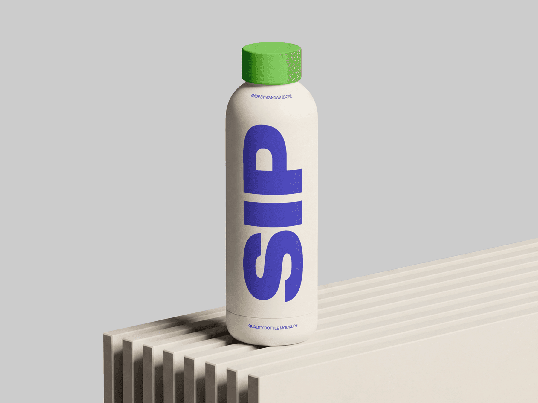 Travel bottle mockup standing upright on a modern refined display pedestal in a clean product studio scene