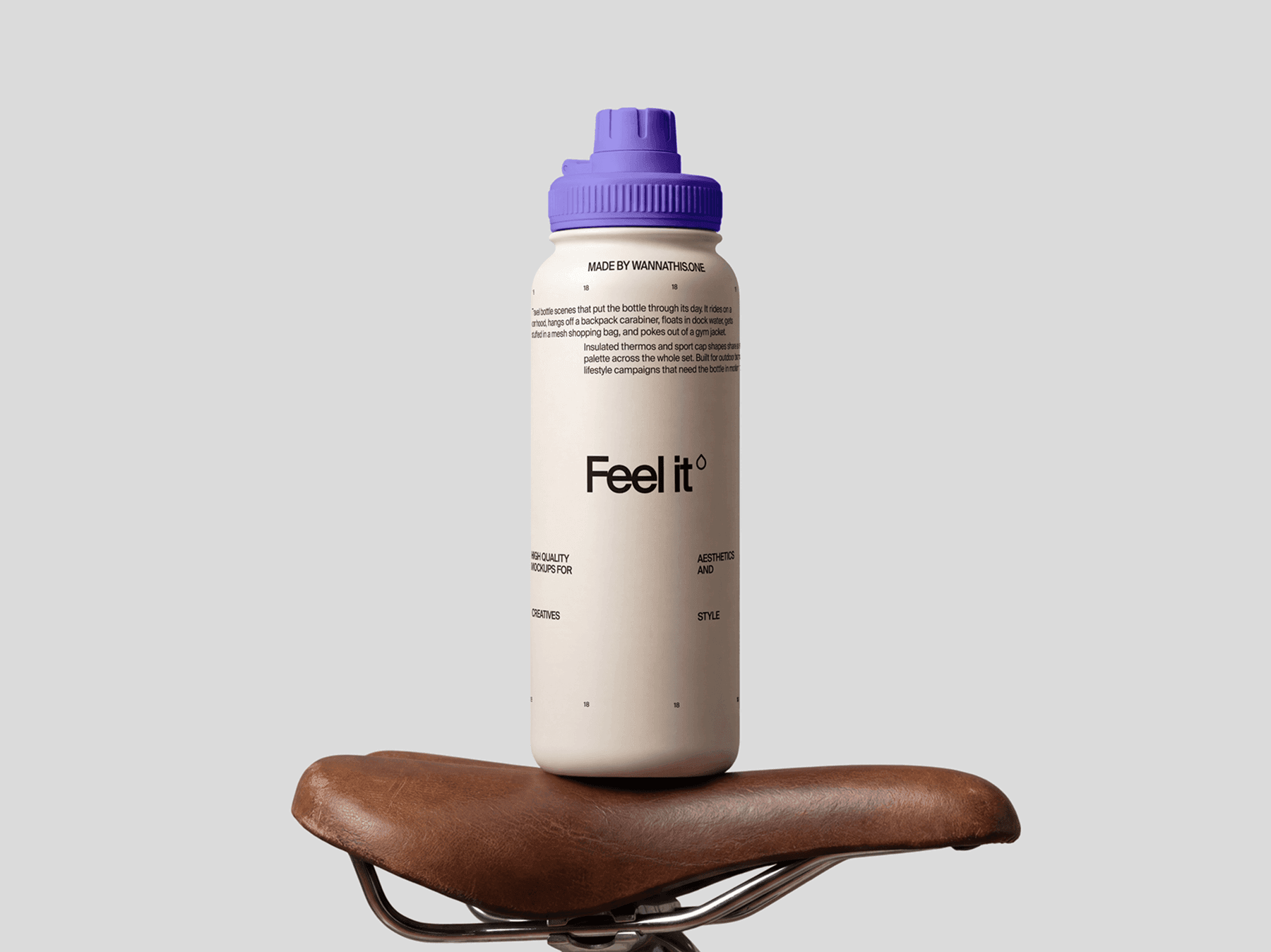 Travel bottle mockup placed on a refined bicycle seat surface in a casual urban active lifestyle scene