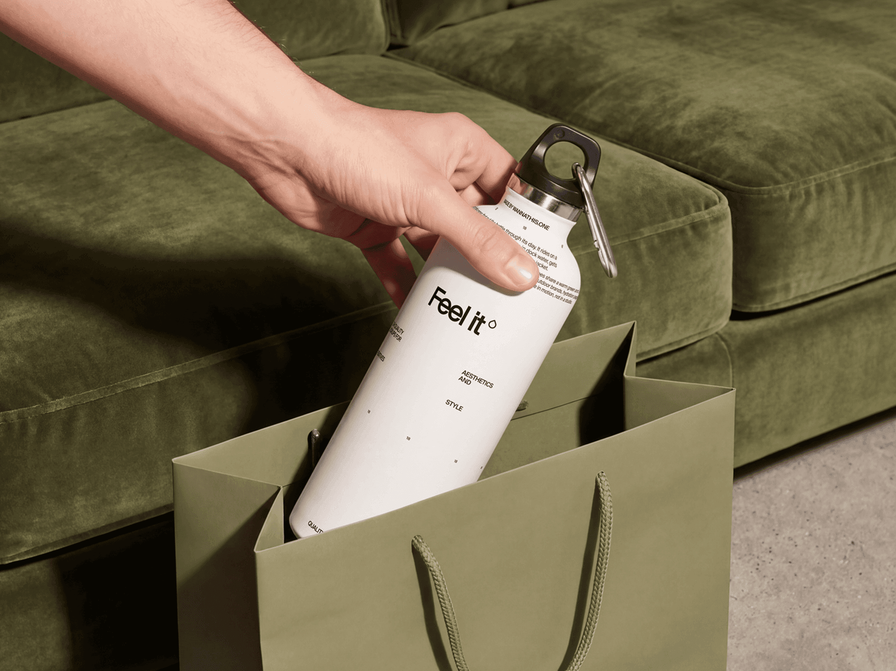 Travel bottle mockup placed into a refined shopping bag during a casual retail lifestyle moment scene