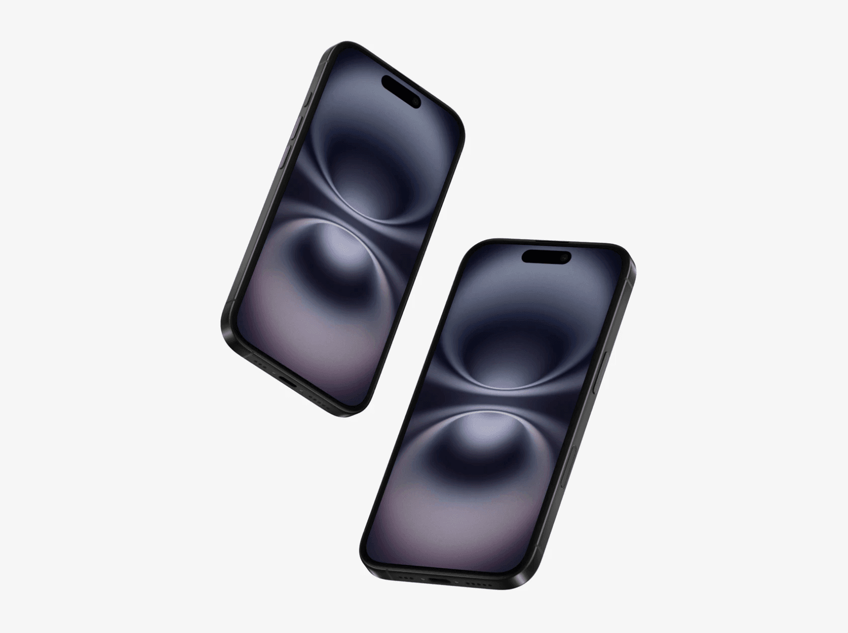 Two floating iPhone mockups with clean reflections on white background