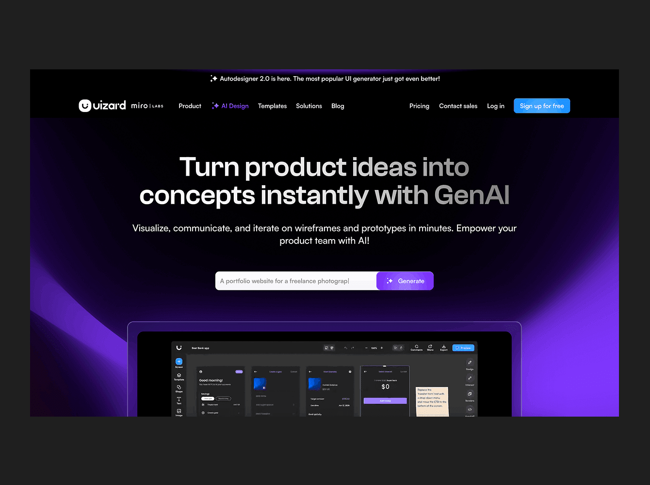 Uizard AI UI design generator for wireframes and product prototypes