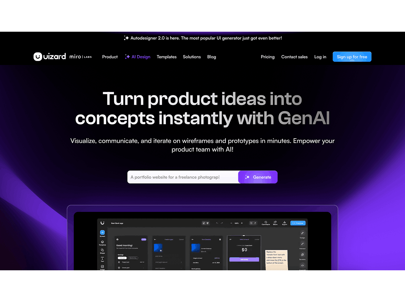 Uizard AI UI design generator for wireframes and product prototypes