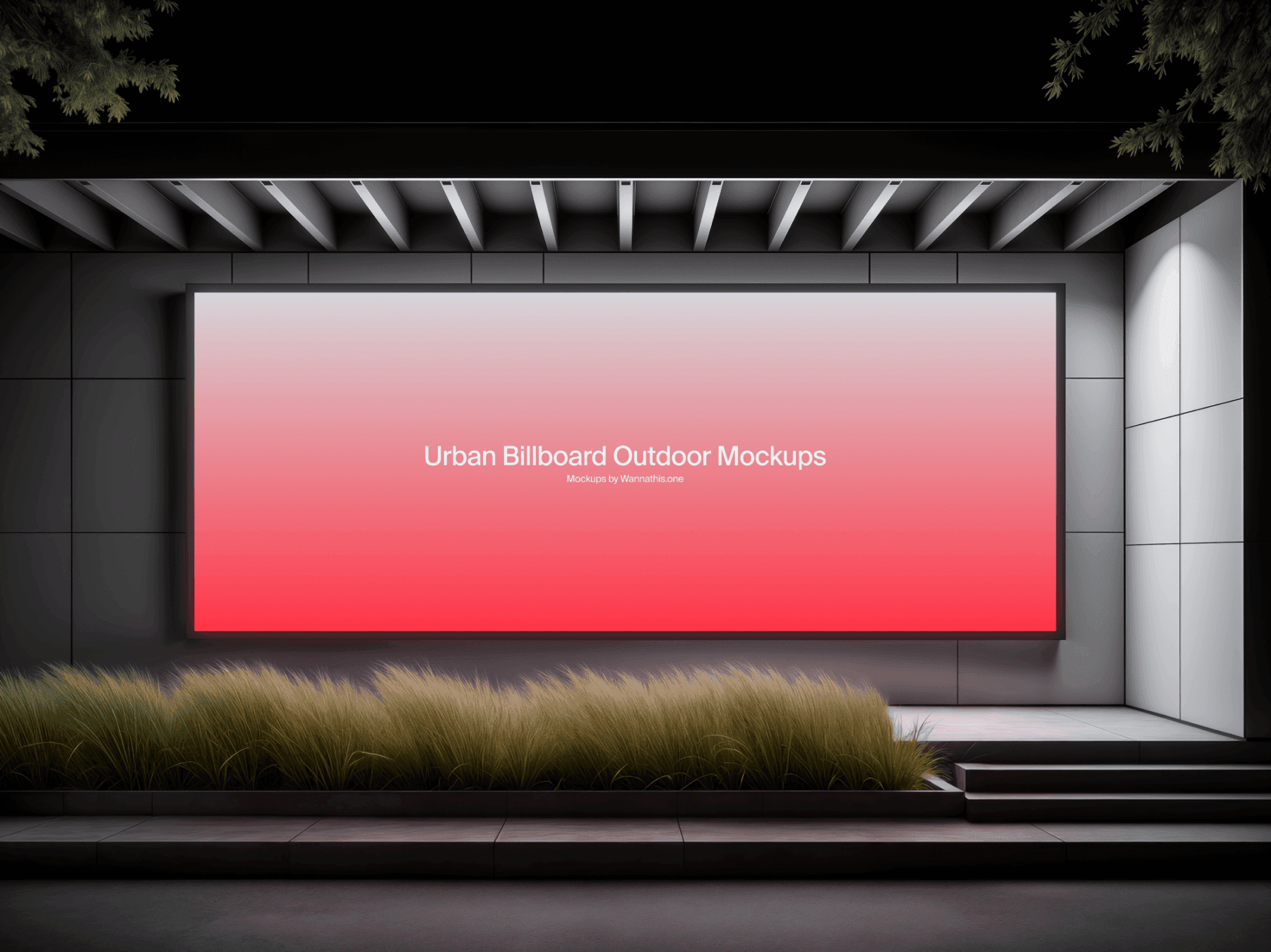 Large billboard mockup integrated into a landscaped outdoor garden area