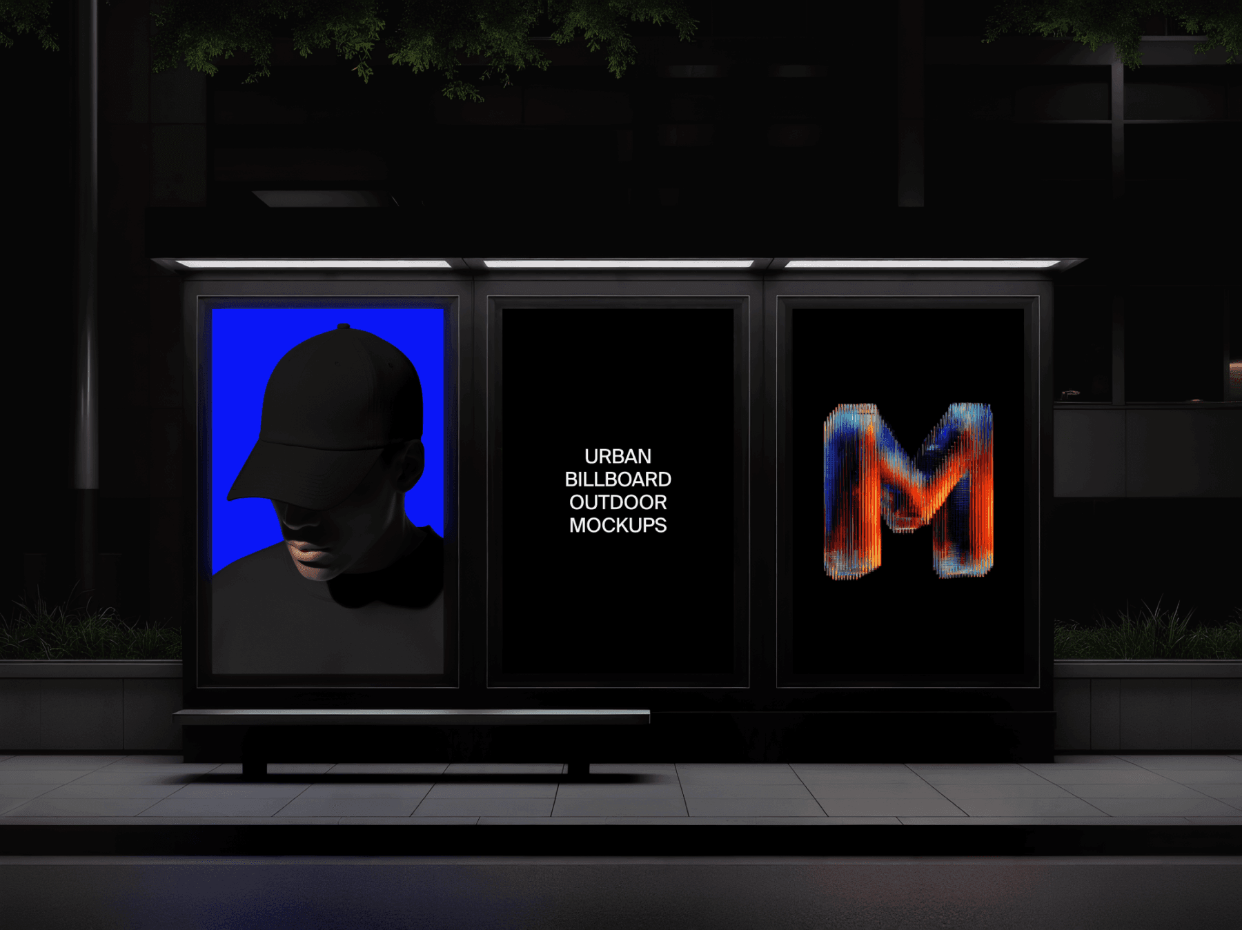 Bus stop advertising mockup with three display panels