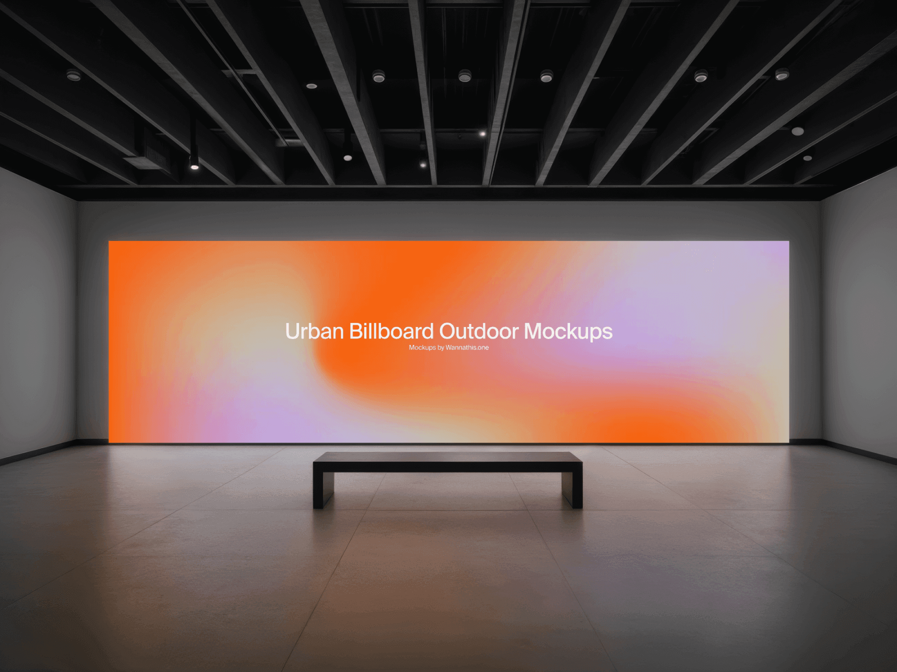 Wide outdoor billboard mockup with a bench in a spacious modern hall