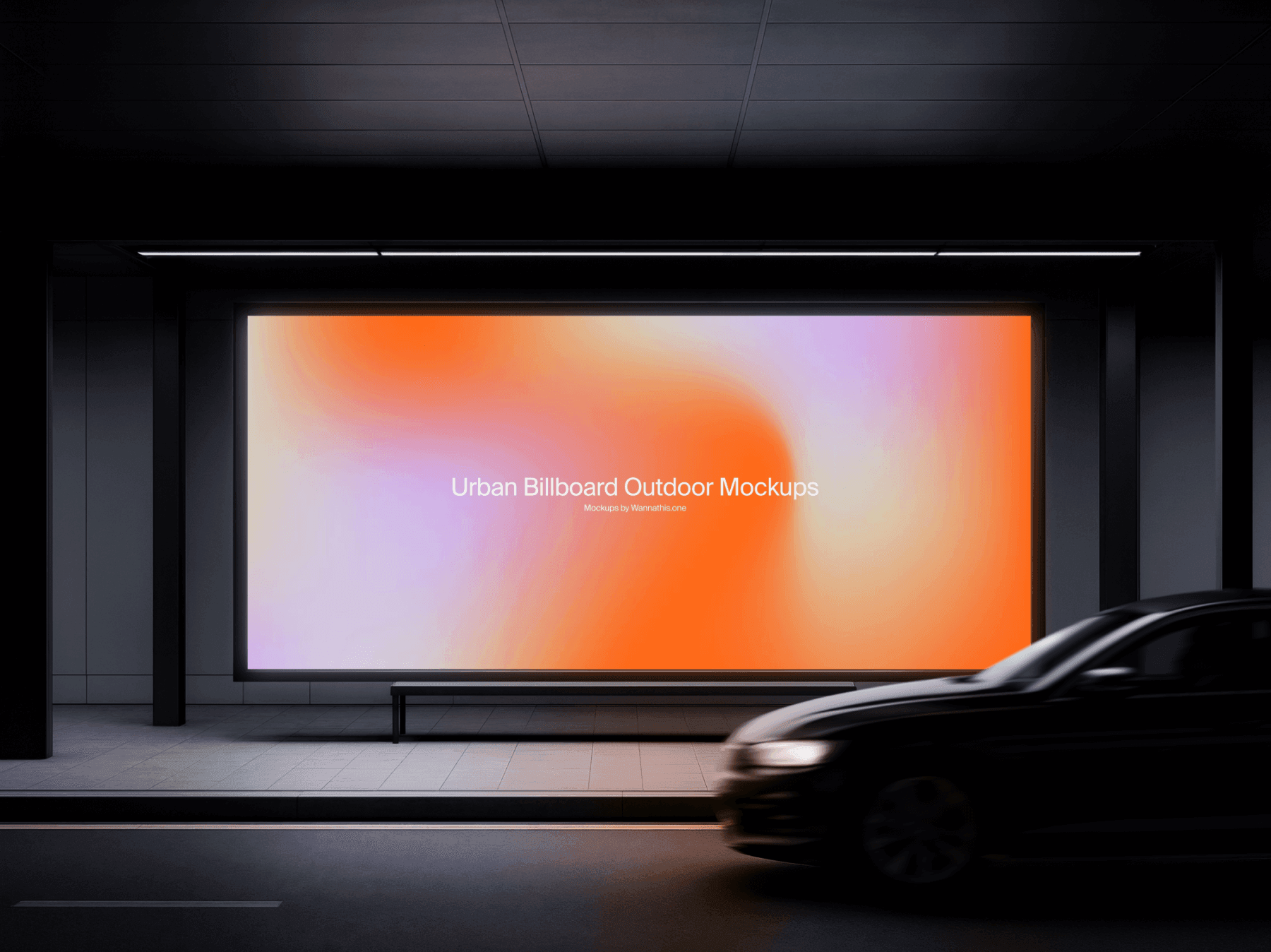 Large outdoor billboard mockup on a city street with a blurred car passing by