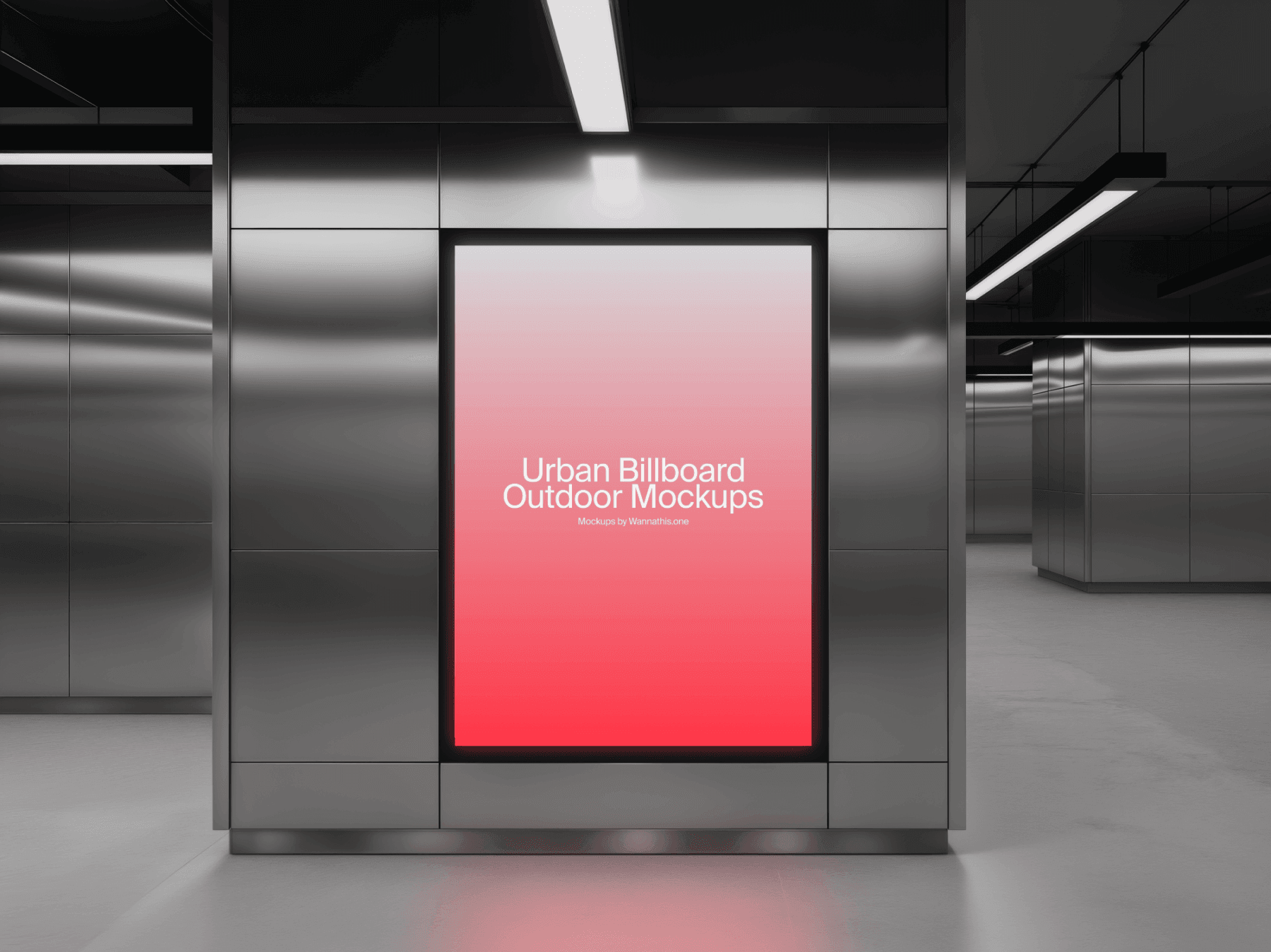 Vertical billboard mockup mounted on a metal wall in a modern underground station